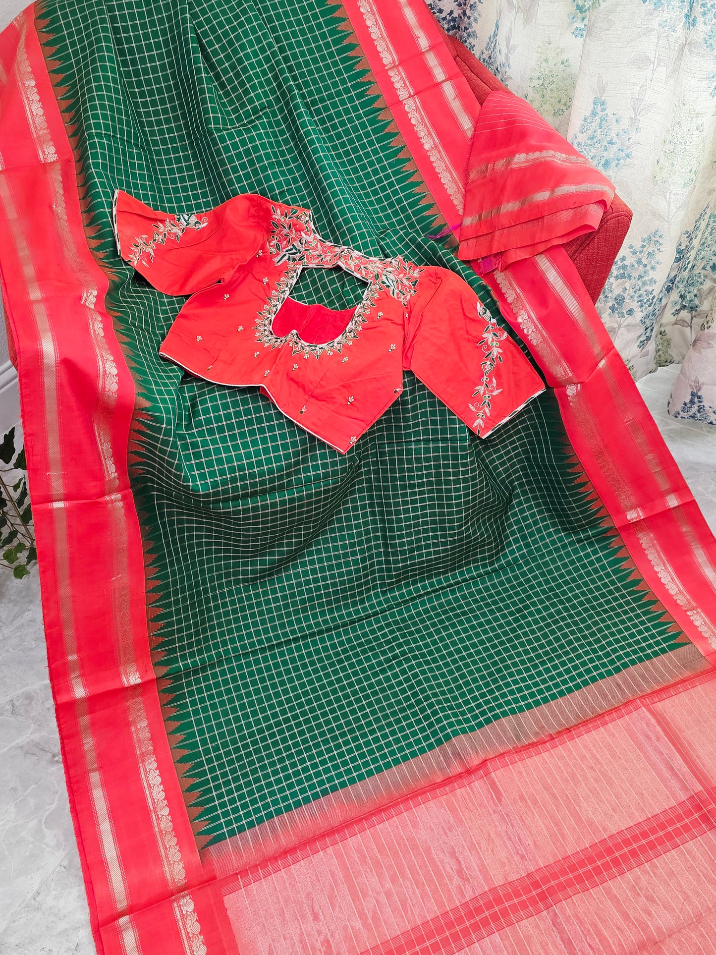 Royal Bottle Green Check Pure Gadwal Handloom Saree with Sunset Orange Zari Border & Maggam Blouse