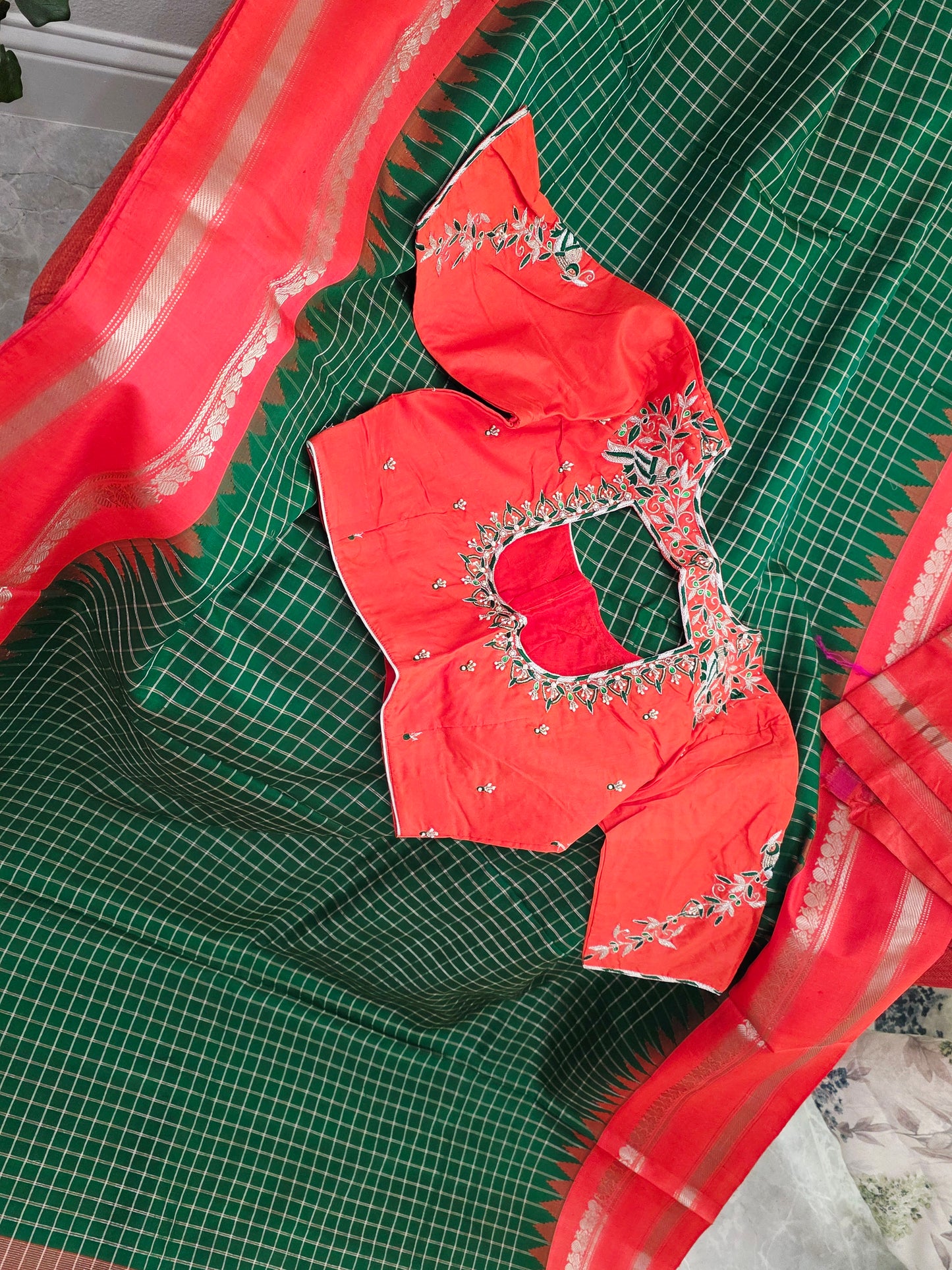 Royal Bottle Green Check Pure Gadwal Handloom Saree with Sunset Orange Zari Border & Maggam Blouse