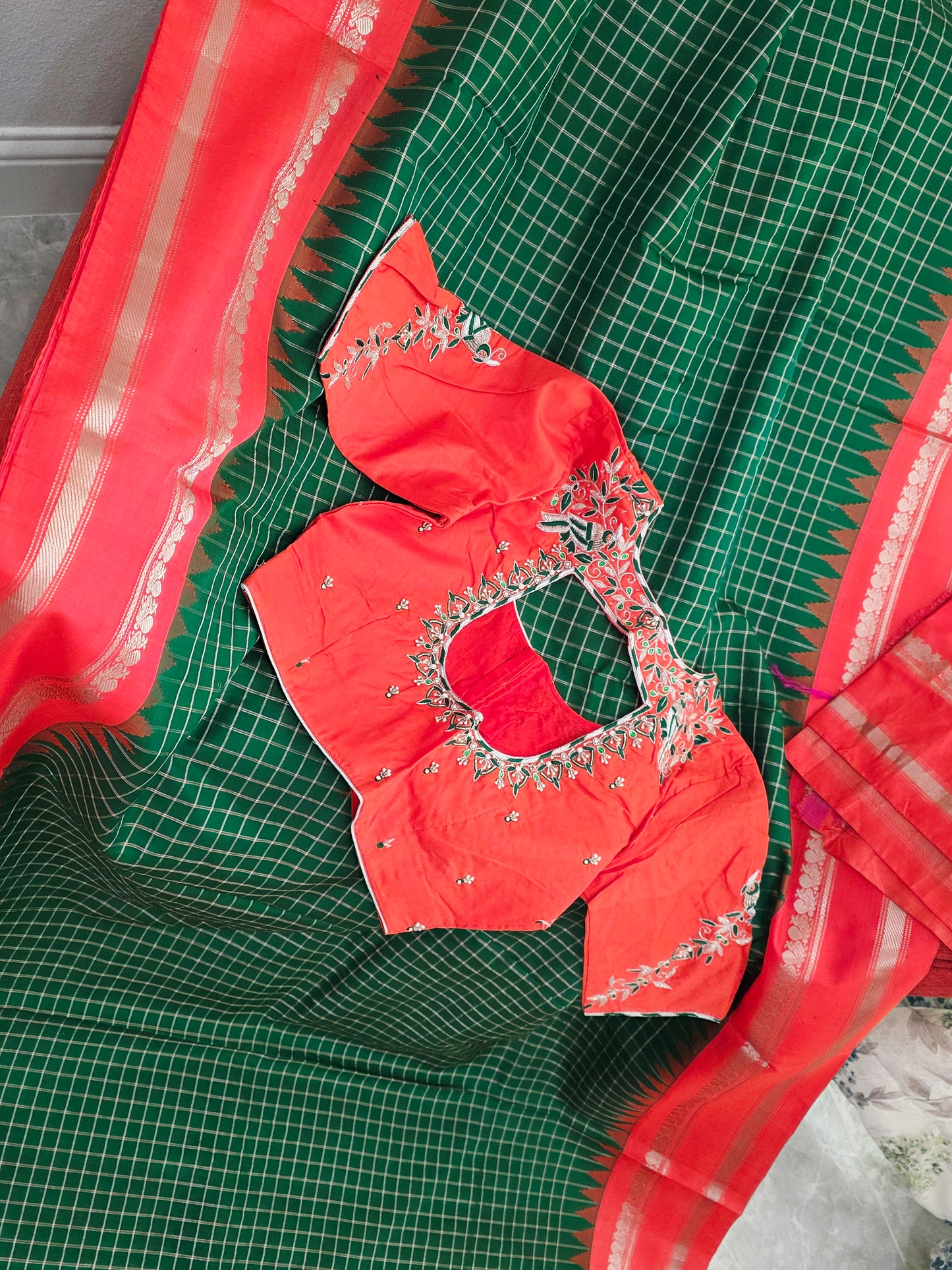 Royal Bottle Green Check Pure Gadwal Handloom Saree with Sunset Orange Zari Border & Maggam Blouse