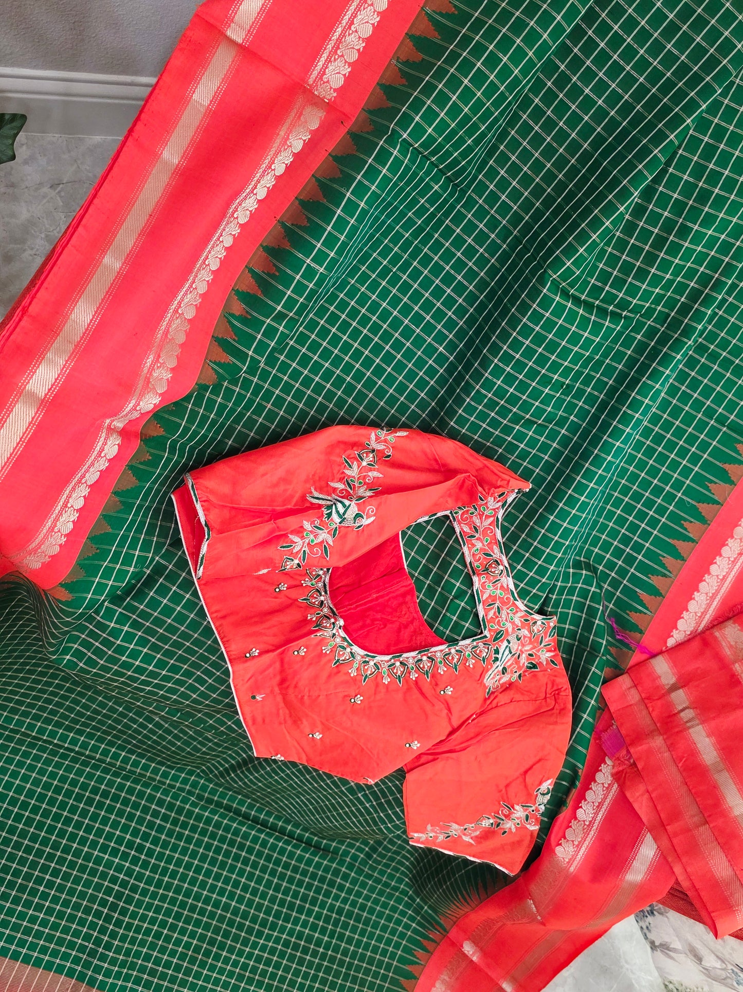 Royal Bottle Green Check Pure Gadwal Handloom Saree with Sunset Orange Zari Border & Maggam Blouse