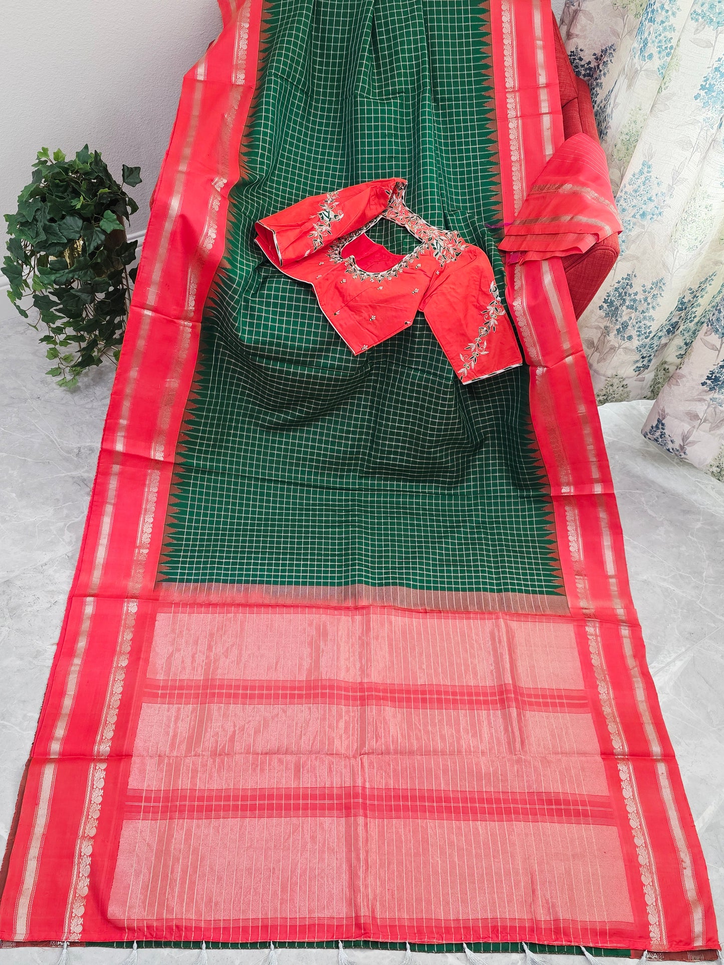 Royal Bottle Green Check Pure Gadwal Handloom Saree with Sunset Orange Zari Border & Maggam Blouse