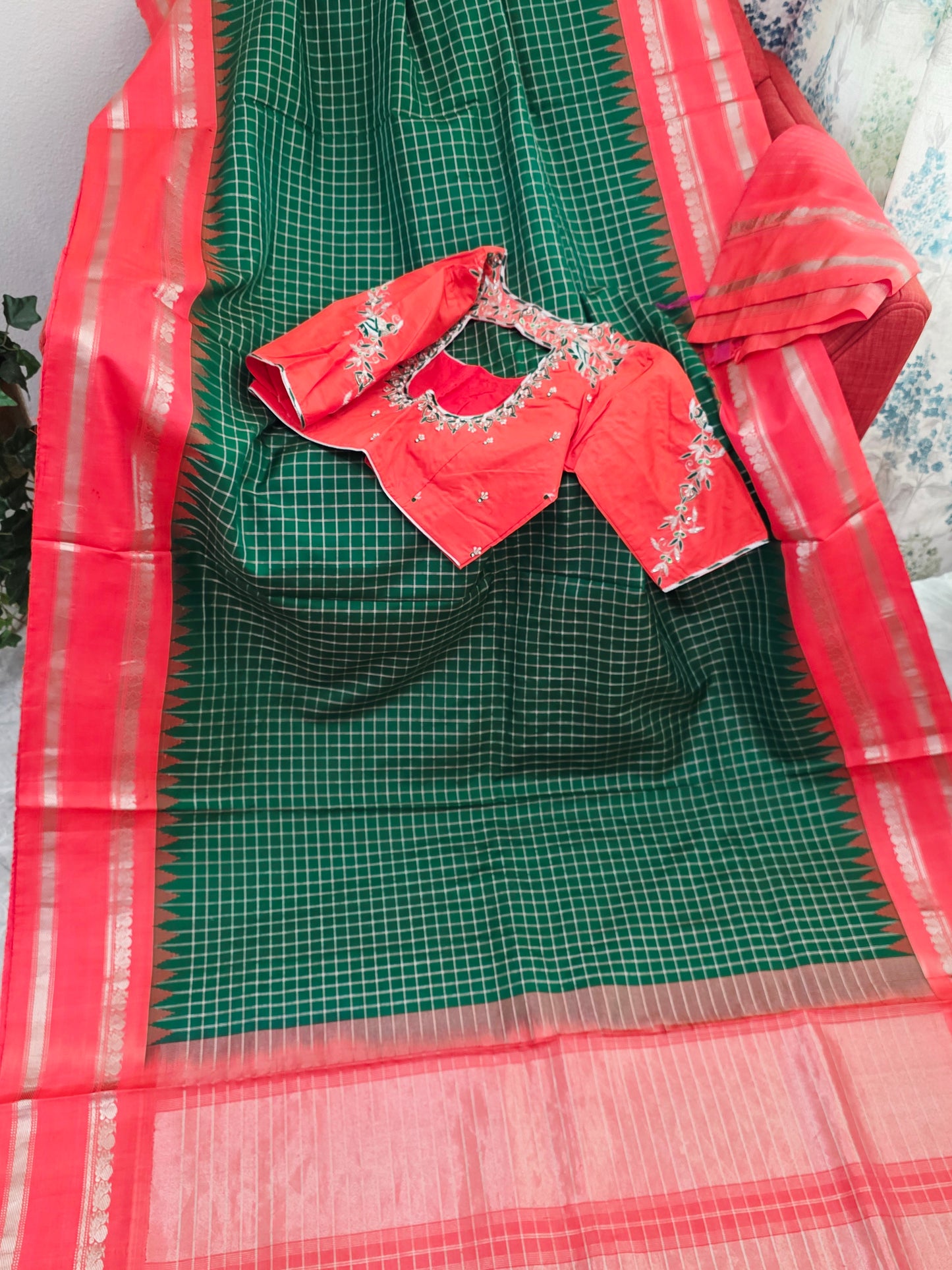 Royal Bottle Green Check Pure Gadwal Handloom Saree with Sunset Orange Zari Border & Maggam Blouse