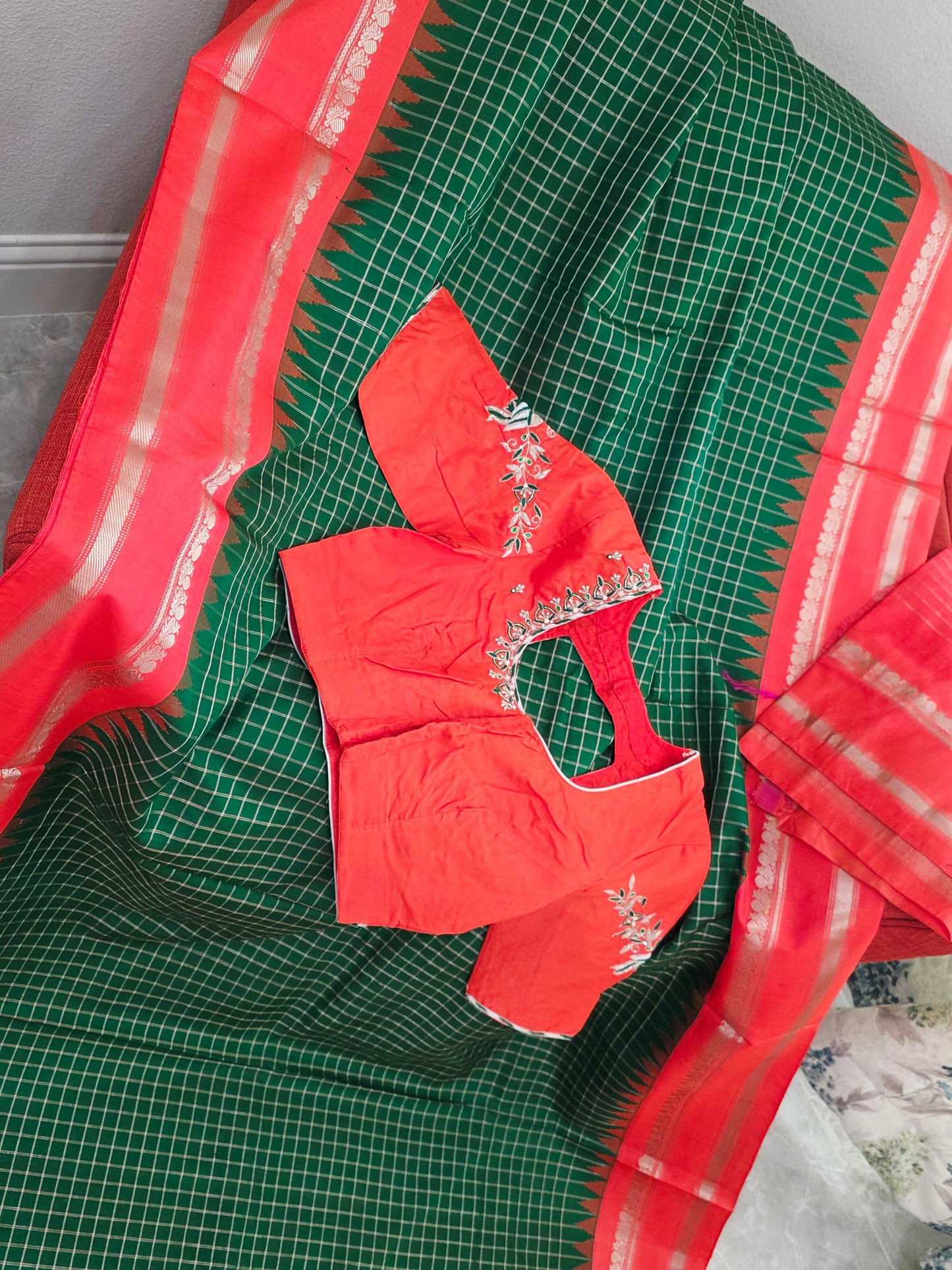 Royal Bottle Green Check Pure Gadwal Handloom Saree with Sunset Orange Zari Border & Maggam Blouse