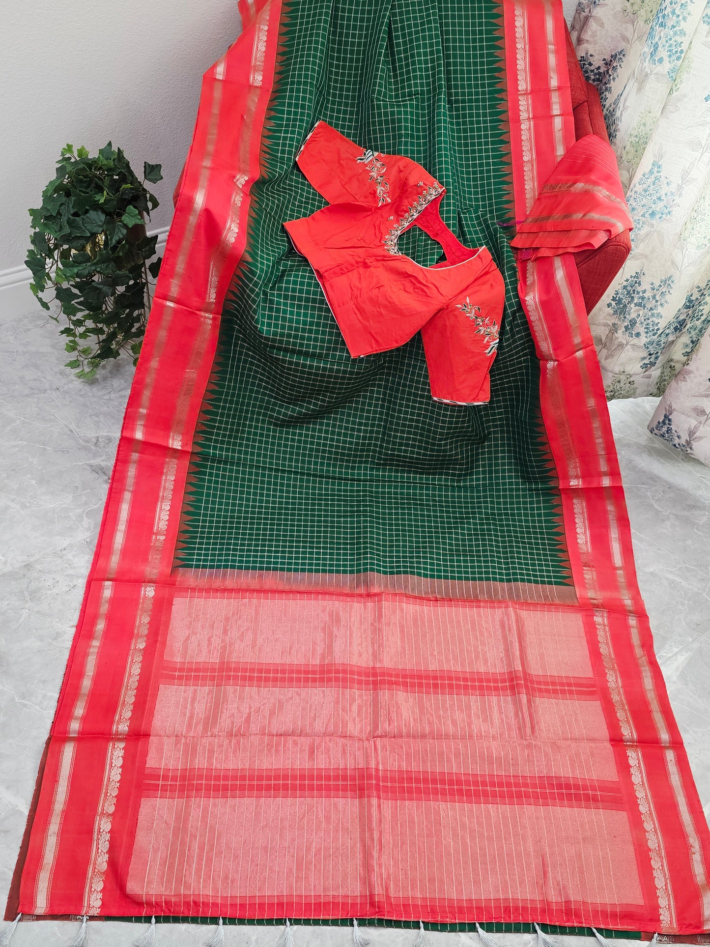 Royal Bottle Green Check Pure Gadwal Handloom Saree with Sunset Orange Zari Border & Maggam Blouse