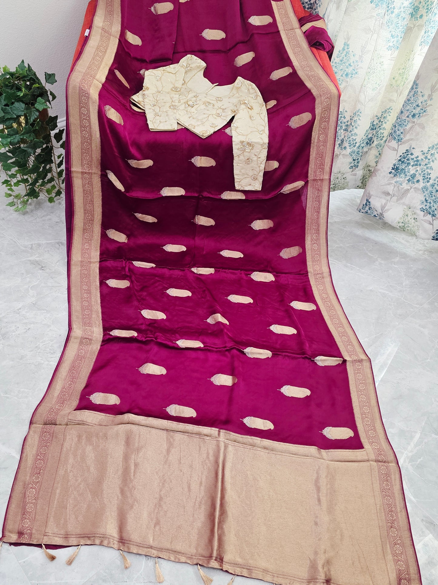 Royal Vintage Wine & Antique Gold Mashru Satin Benarasi Silk Saree – Designer Embroidered Blouse