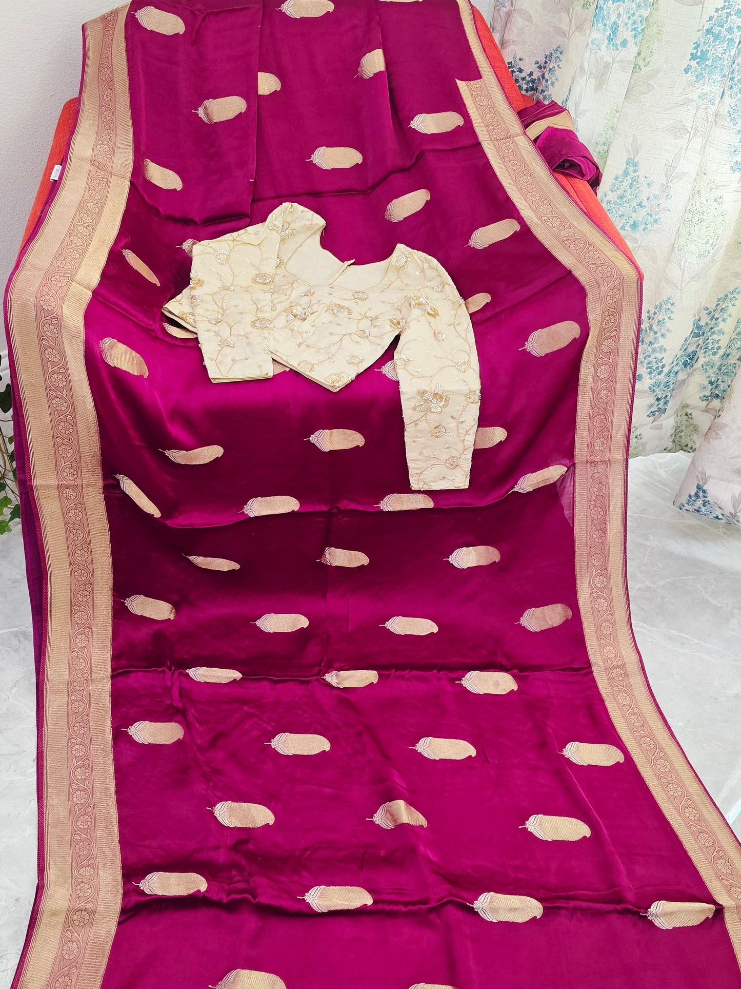 Royal Vintage Wine & Antique Gold Mashru Satin Benarasi Silk Saree – Designer Embroidered Blouse