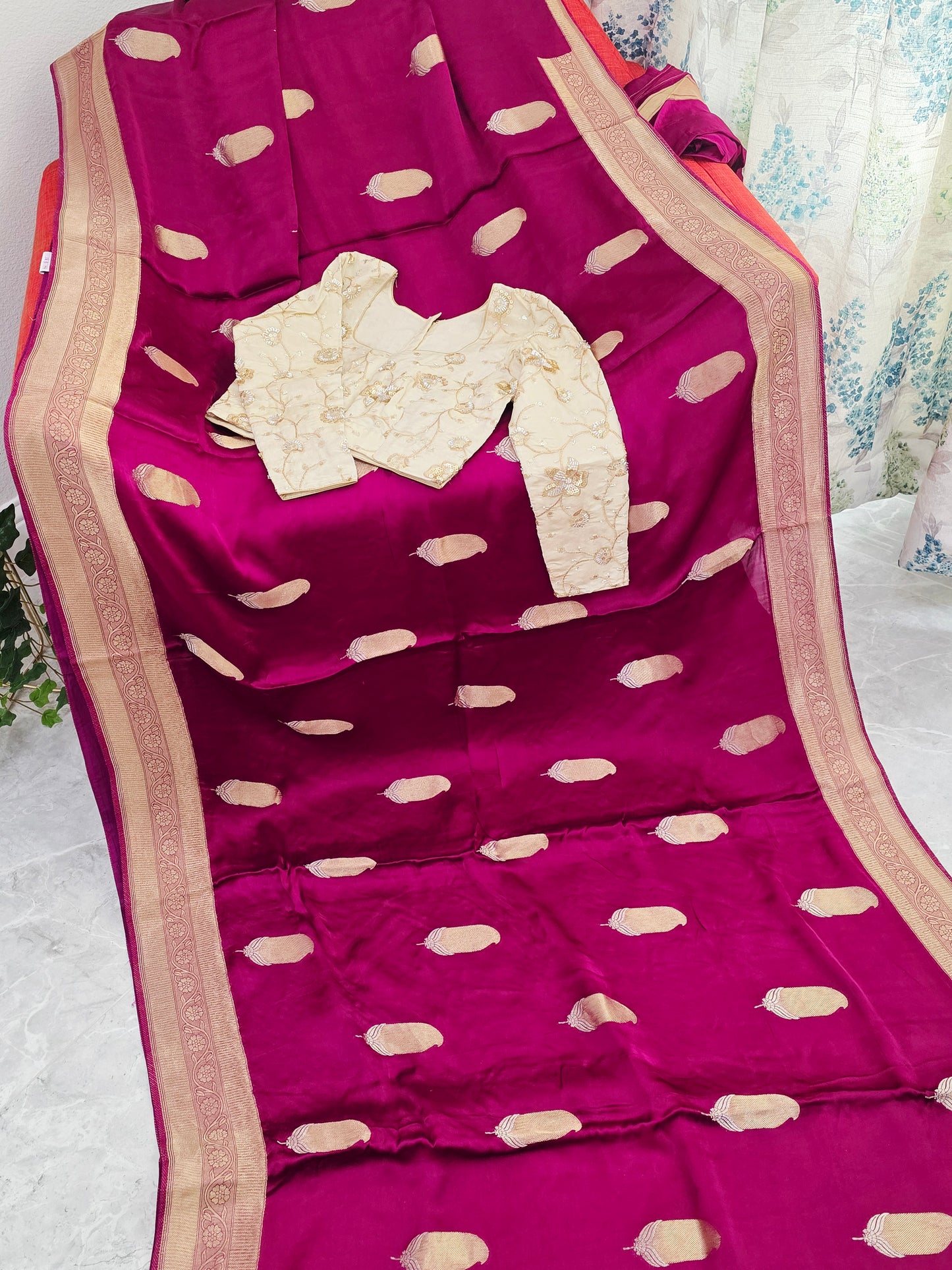 Royal Vintage Wine & Antique Gold Mashru Satin Benarasi Silk Saree – Designer Embroidered Blouse
