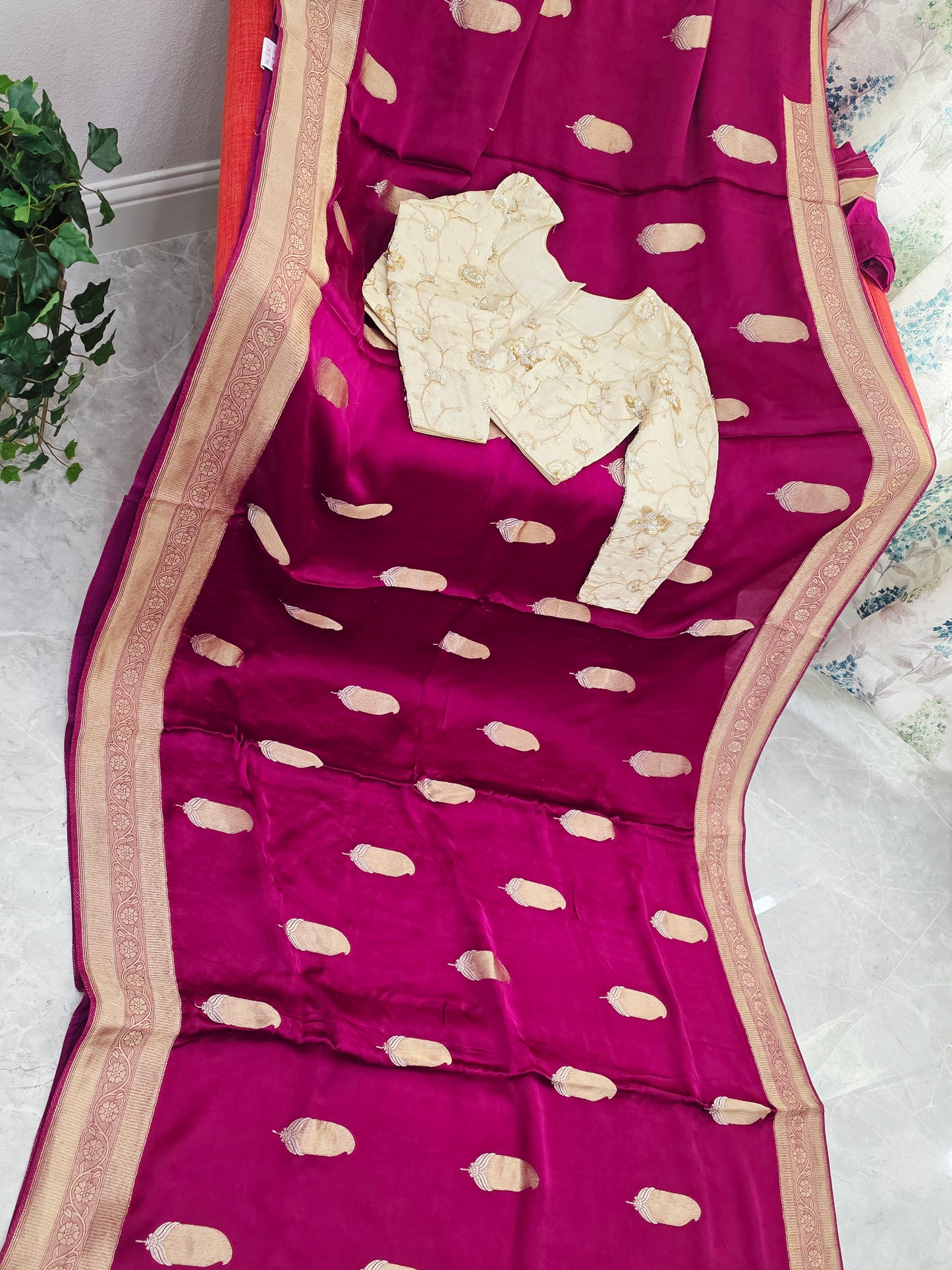 Royal Vintage Wine & Antique Gold Mashru Satin Benarasi Silk Saree – Designer Embroidered Blouse