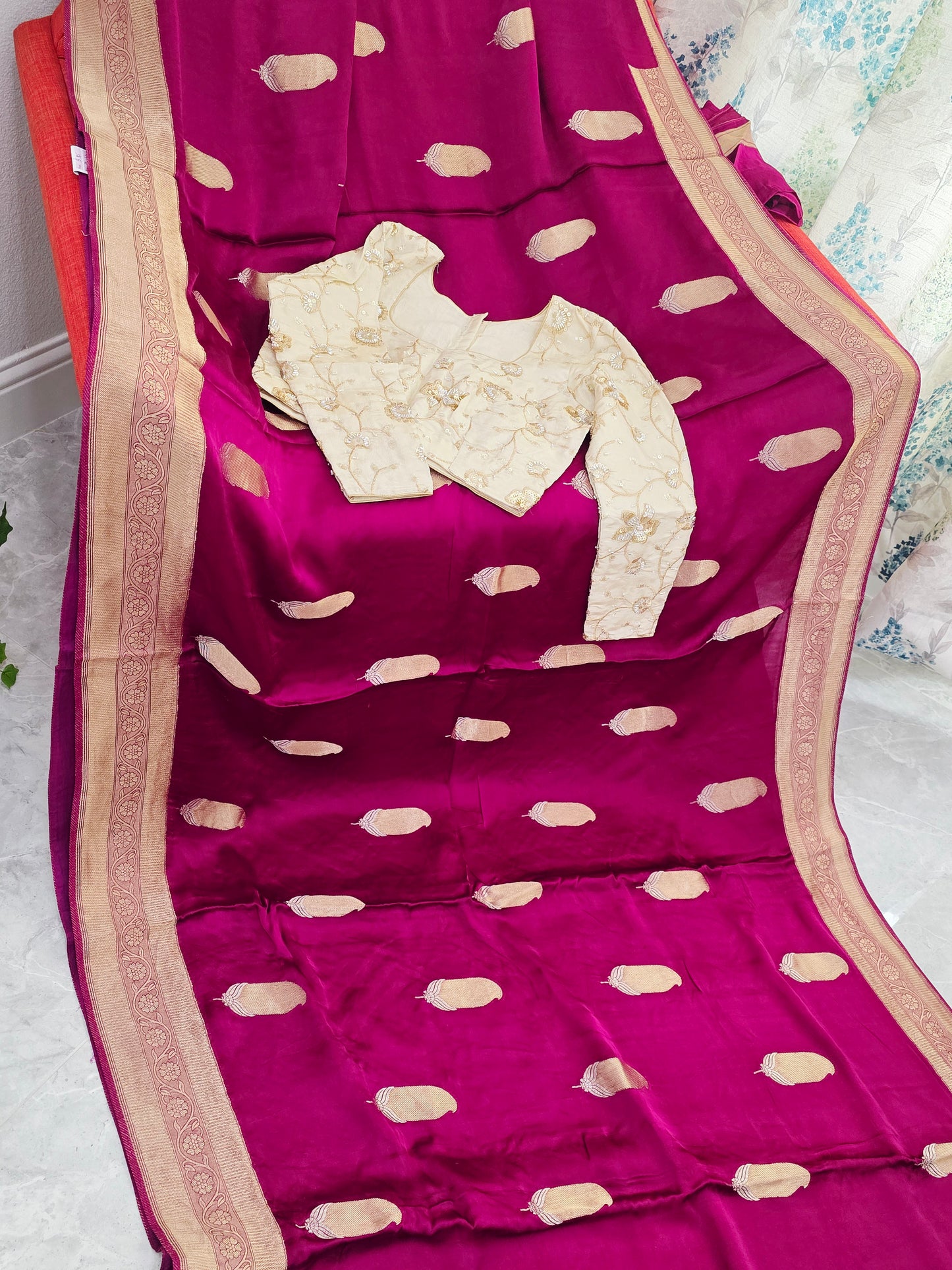 Royal Vintage Wine & Antique Gold Mashru Satin Benarasi Silk Saree – Designer Embroidered Blouse