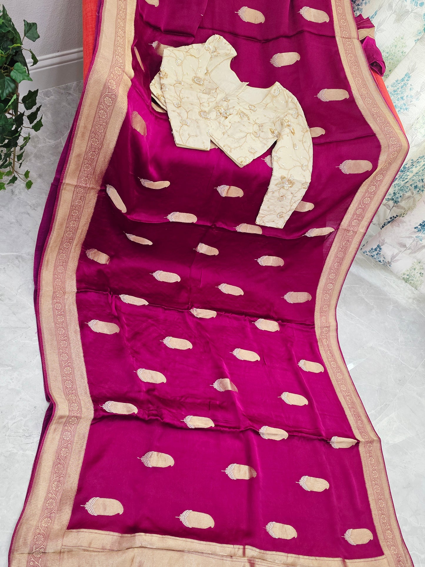 Royal Vintage Wine & Antique Gold Mashru Satin Benarasi Silk Saree – Designer Embroidered Blouse