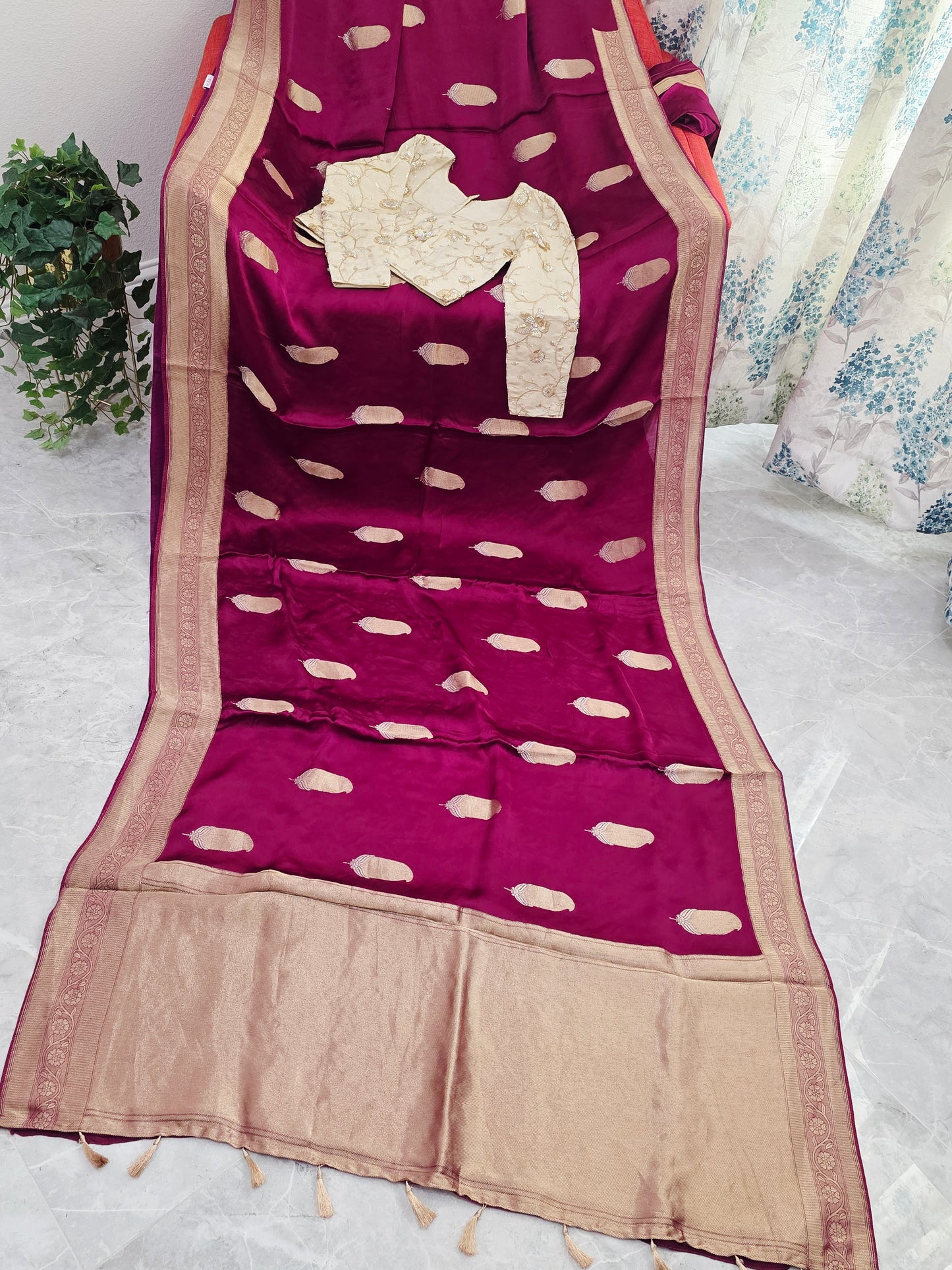 Royal Vintage Wine & Antique Gold Mashru Satin Benarasi Silk Saree – Designer Embroidered Blouse