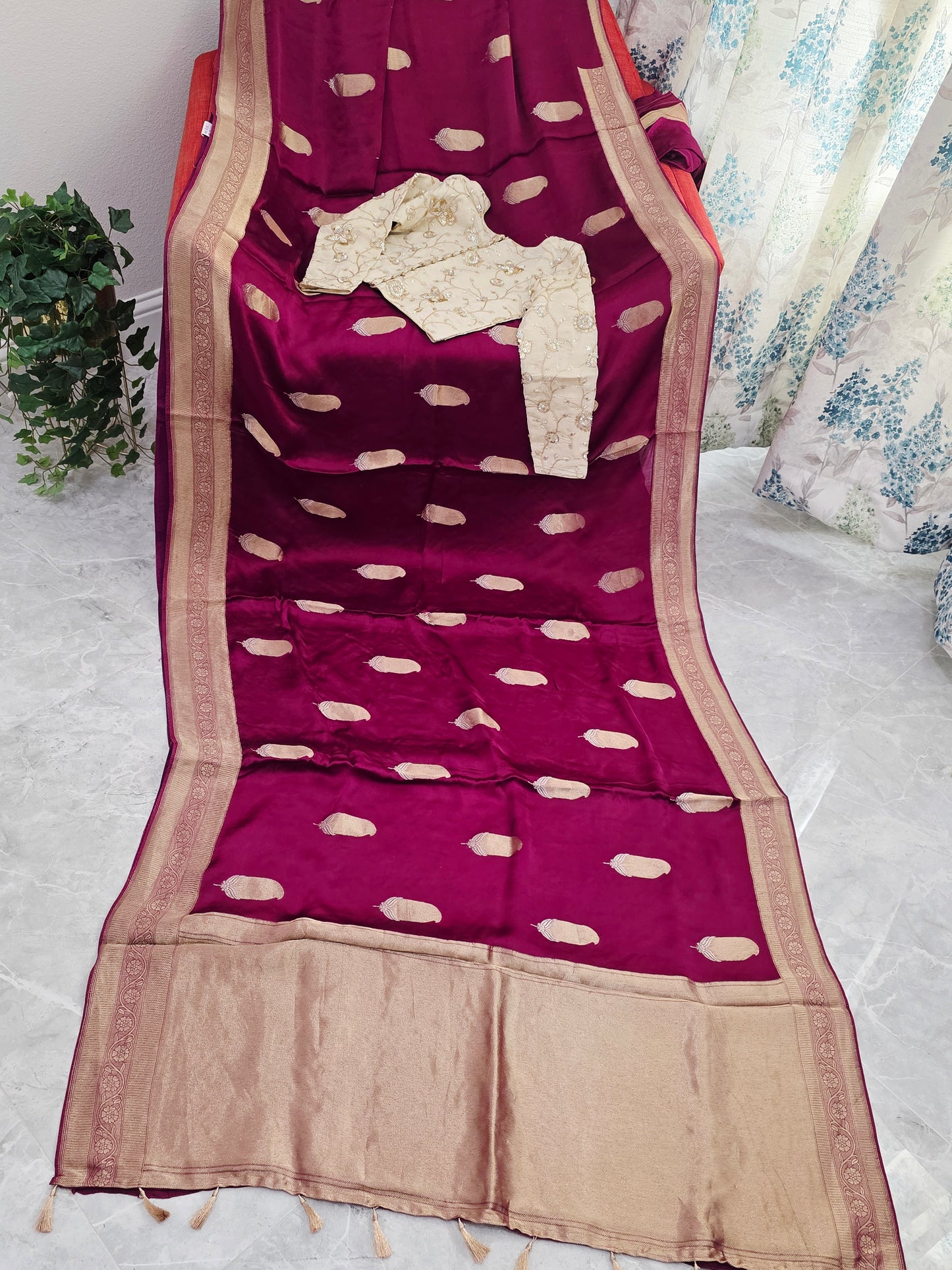 Royal Vintage Wine & Antique Gold Mashru Satin Benarasi Silk Saree – Designer Embroidered Blouse