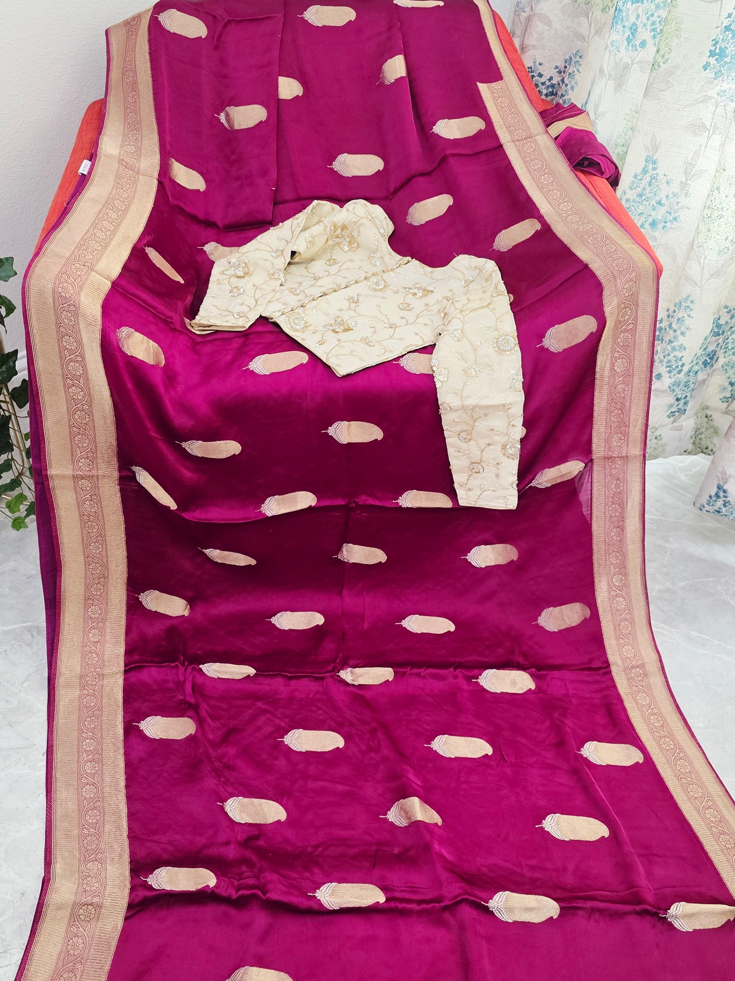 Royal Vintage Wine & Antique Gold Mashru Satin Benarasi Silk Saree – Designer Embroidered Blouse