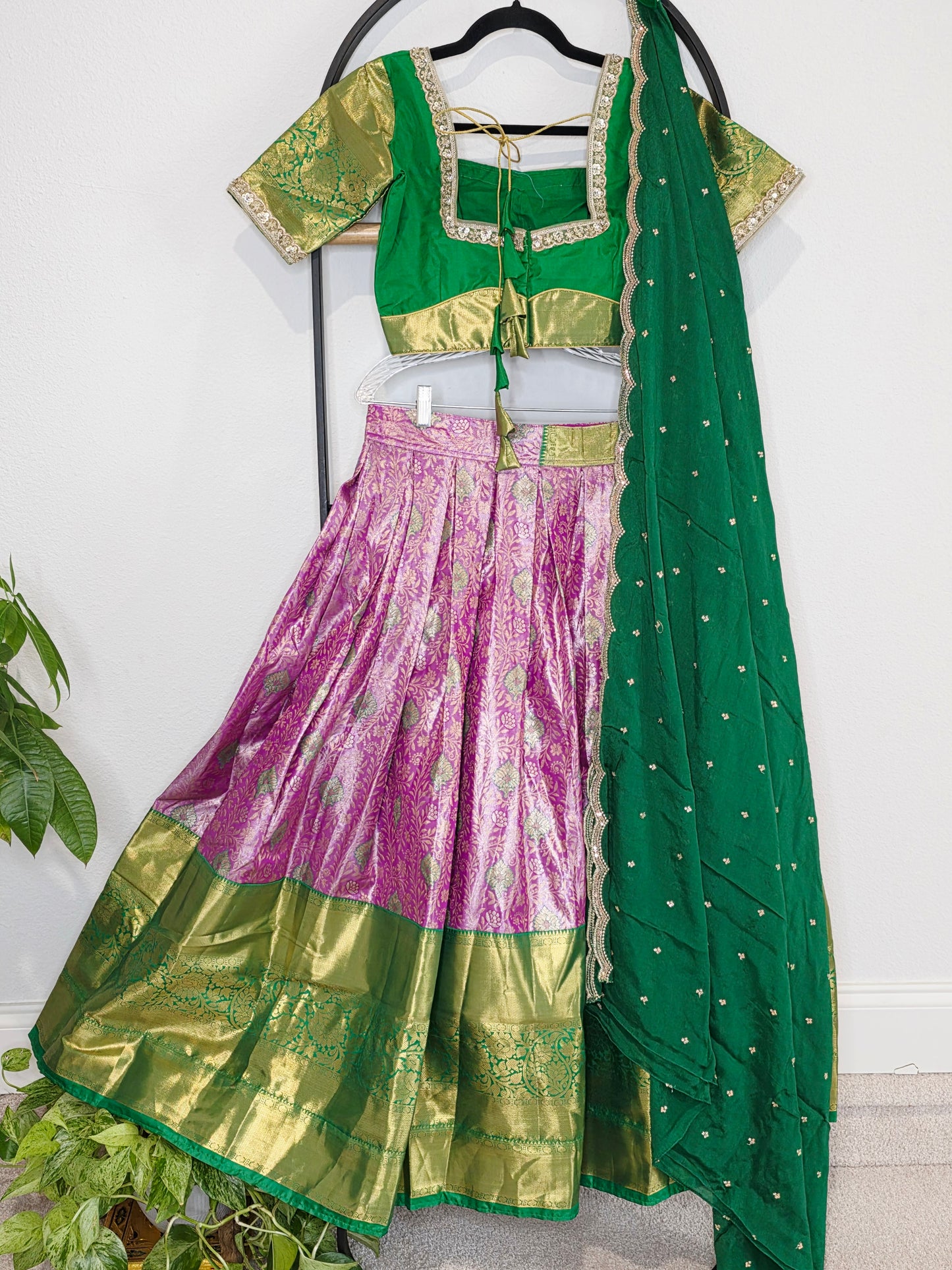 Emerald Royale & Rani Zari Semi Kanchi Silk Half Saree Set Suitable for Ages 11+