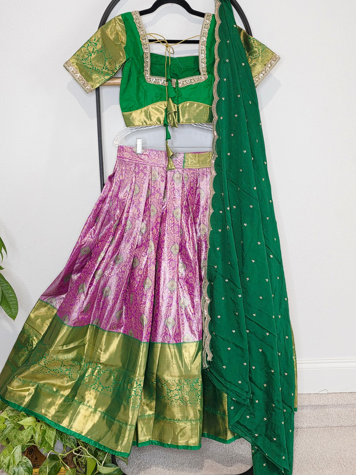 Emerald Royale & Rani Zari Semi Kanchi Silk Half Saree Set Suitable for Ages 11+
