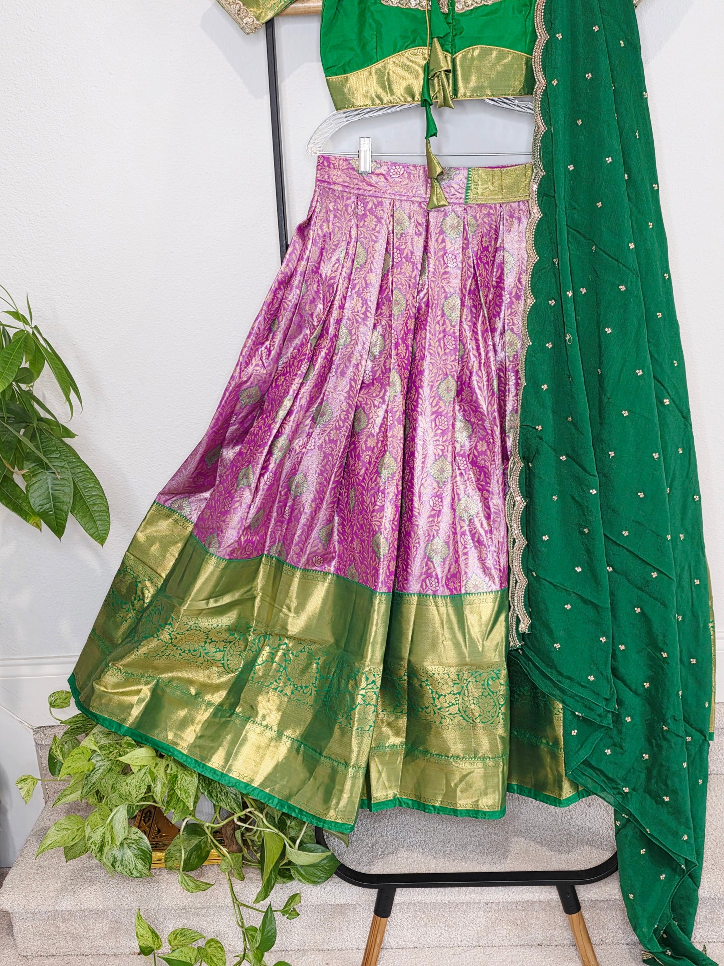 Emerald Royale & Rani Zari Semi Kanchi Silk Half Saree Set Suitable for Ages 11+
