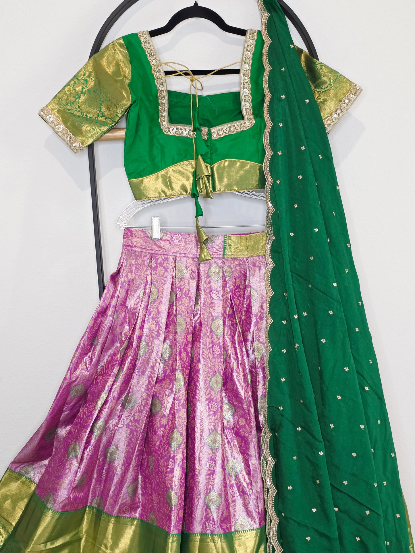 Emerald Royale & Rani Zari Semi Kanchi Silk Half Saree Set Suitable for Ages 11+