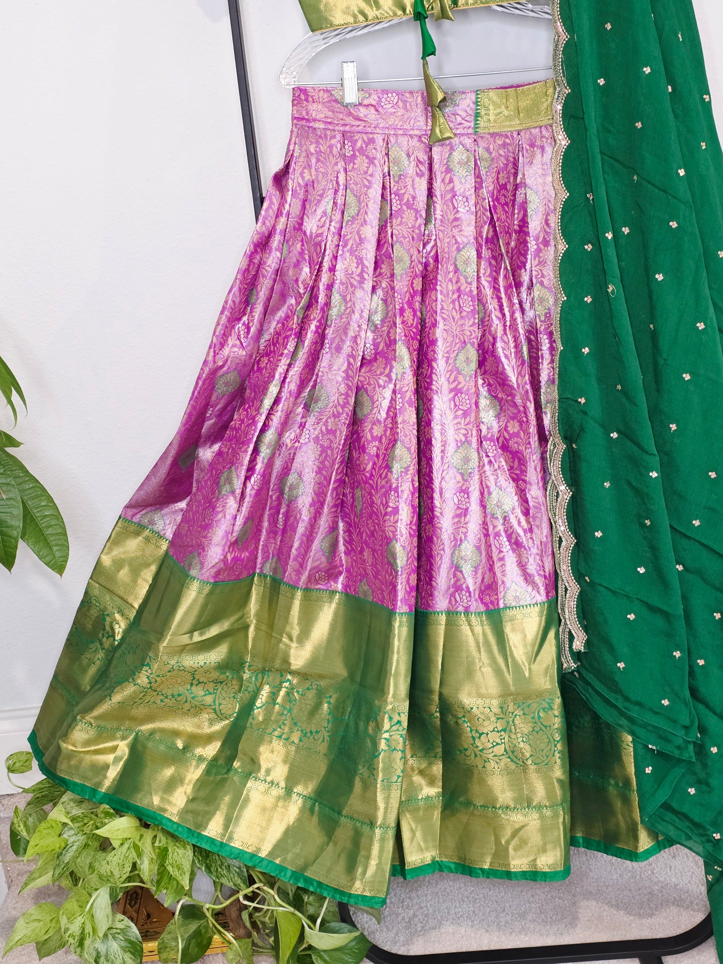 Emerald Royale & Rani Zari Semi Kanchi Silk Half Saree Set Suitable for Ages 11+