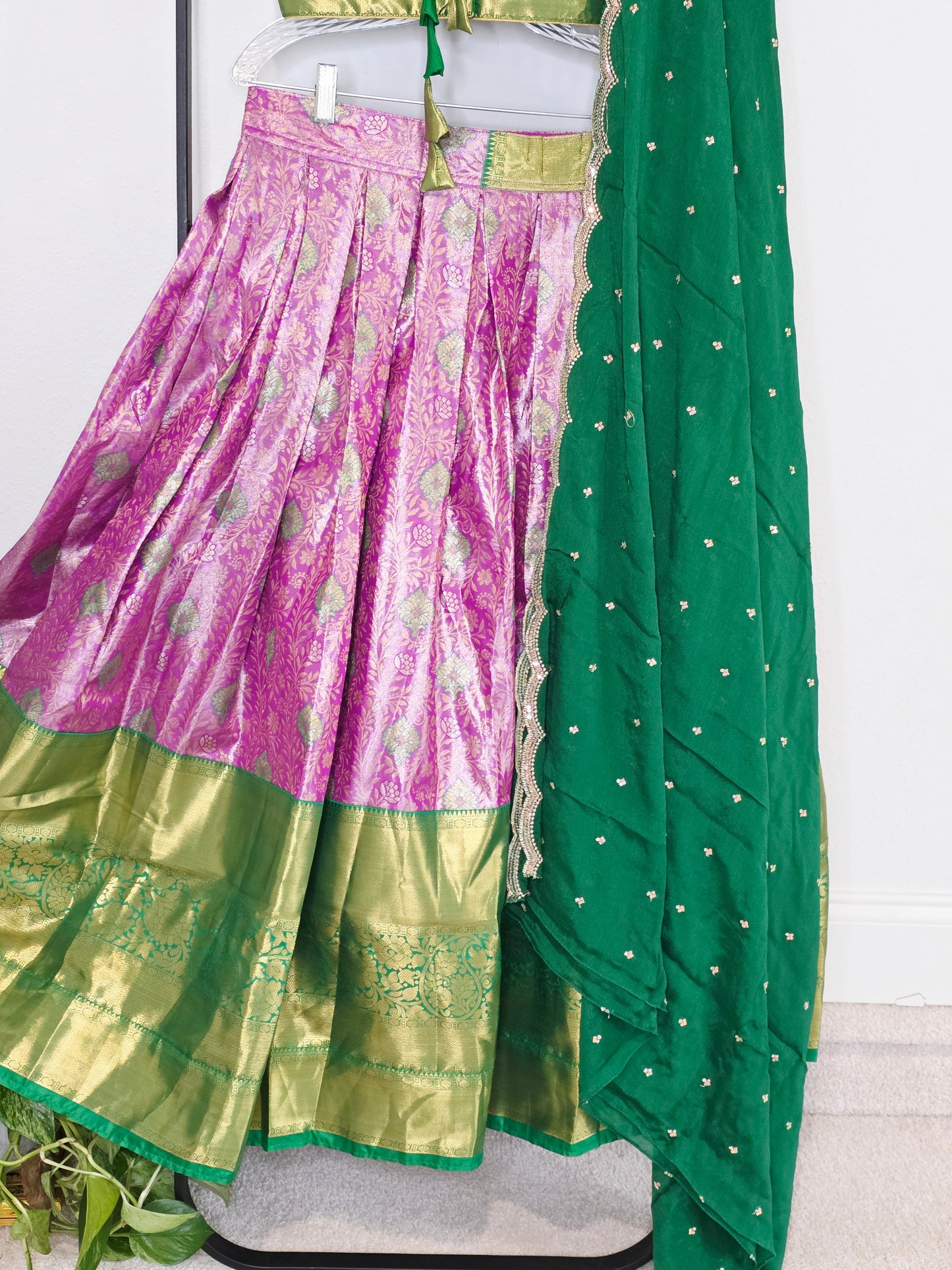 Emerald Royale & Rani Zari Semi Kanchi Silk Half Saree Set Suitable for Ages 11+