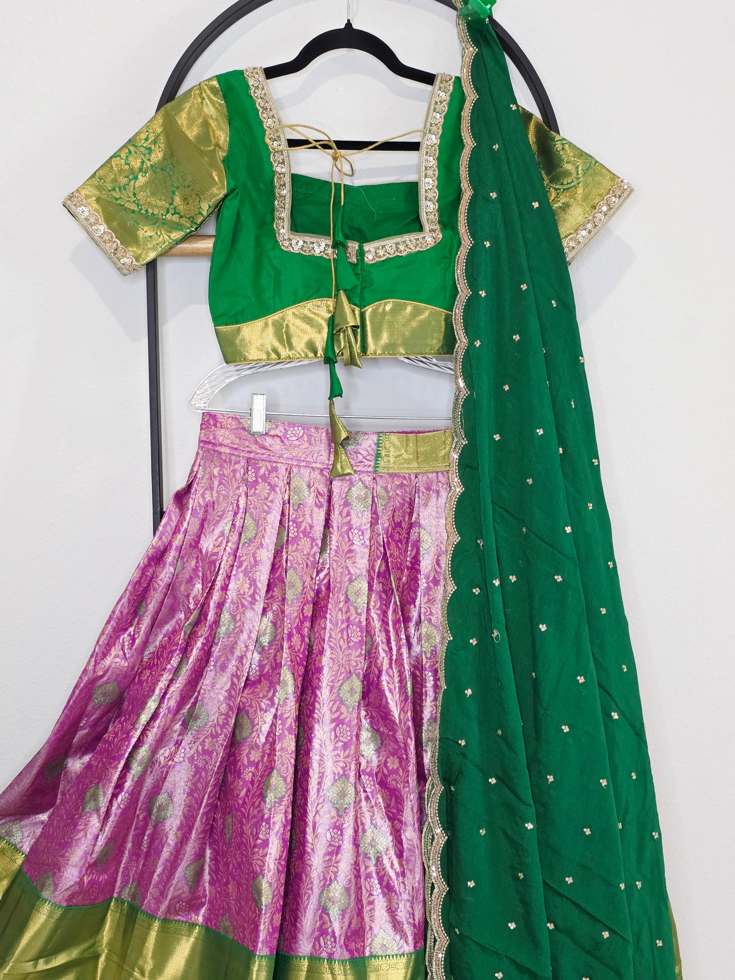 Emerald Royale & Rani Zari Semi Kanchi Silk Half Saree Set Suitable for Ages 11+