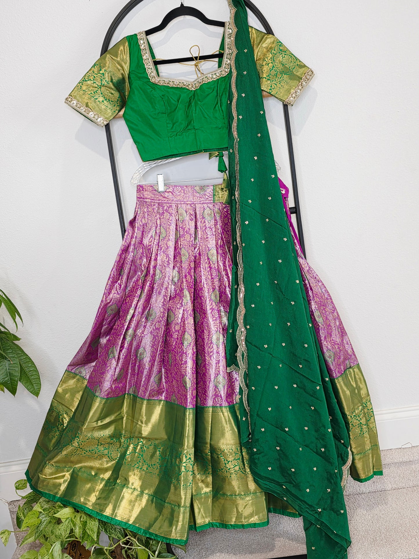 Emerald Royale & Rani Zari Semi Kanchi Silk Half Saree Set Suitable for Ages 11+