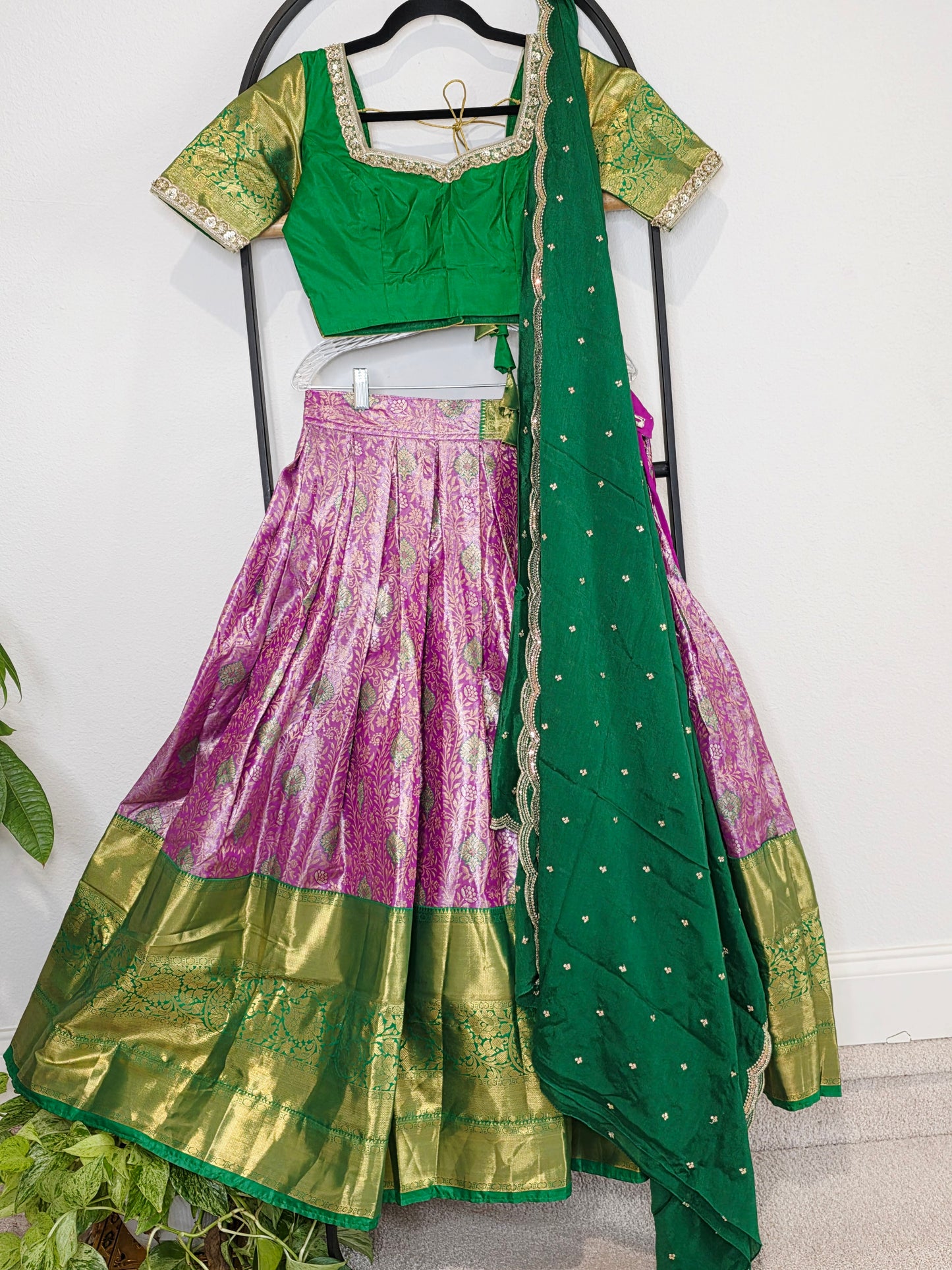 Emerald Royale & Rani Zari Semi Kanchi Silk Half Saree Set Suitable for Ages 11+