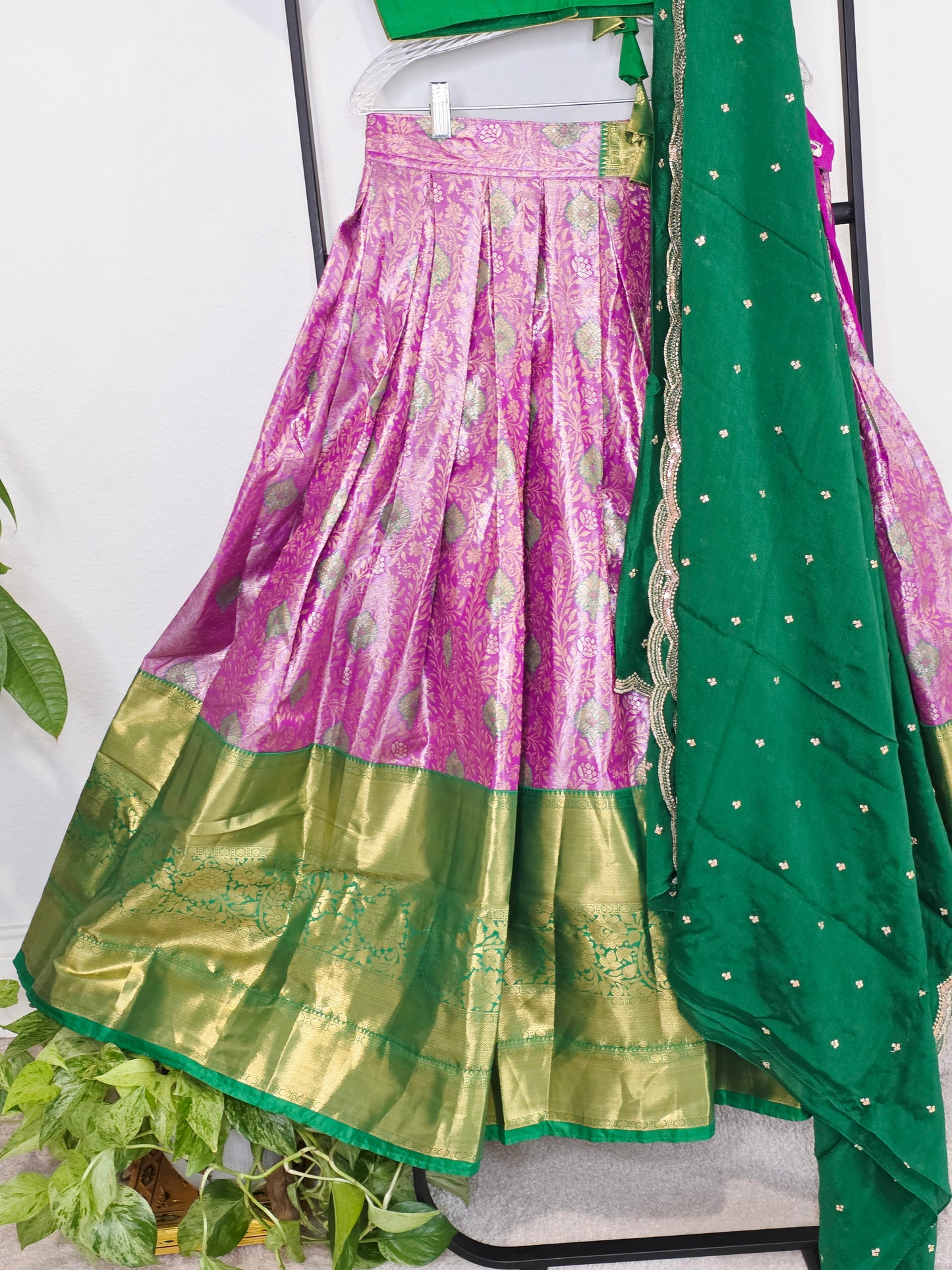 Emerald Royale & Rani Zari Semi Kanchi Silk Half Saree Set Suitable for Ages 11+