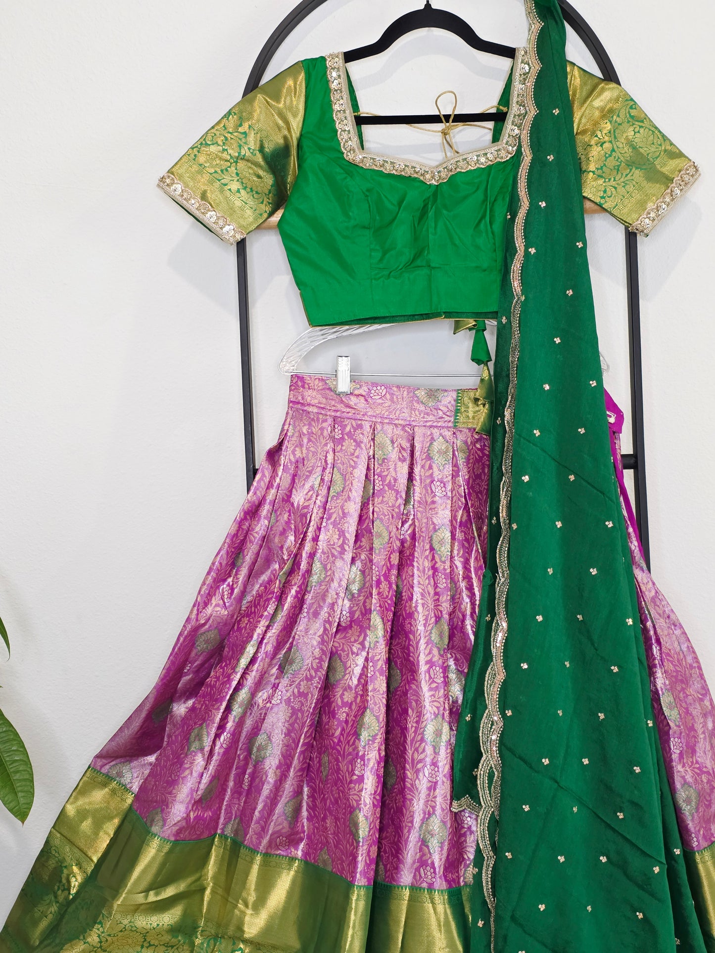 Emerald Royale & Rani Zari Semi Kanchi Silk Half Saree Set Suitable for Ages 11+