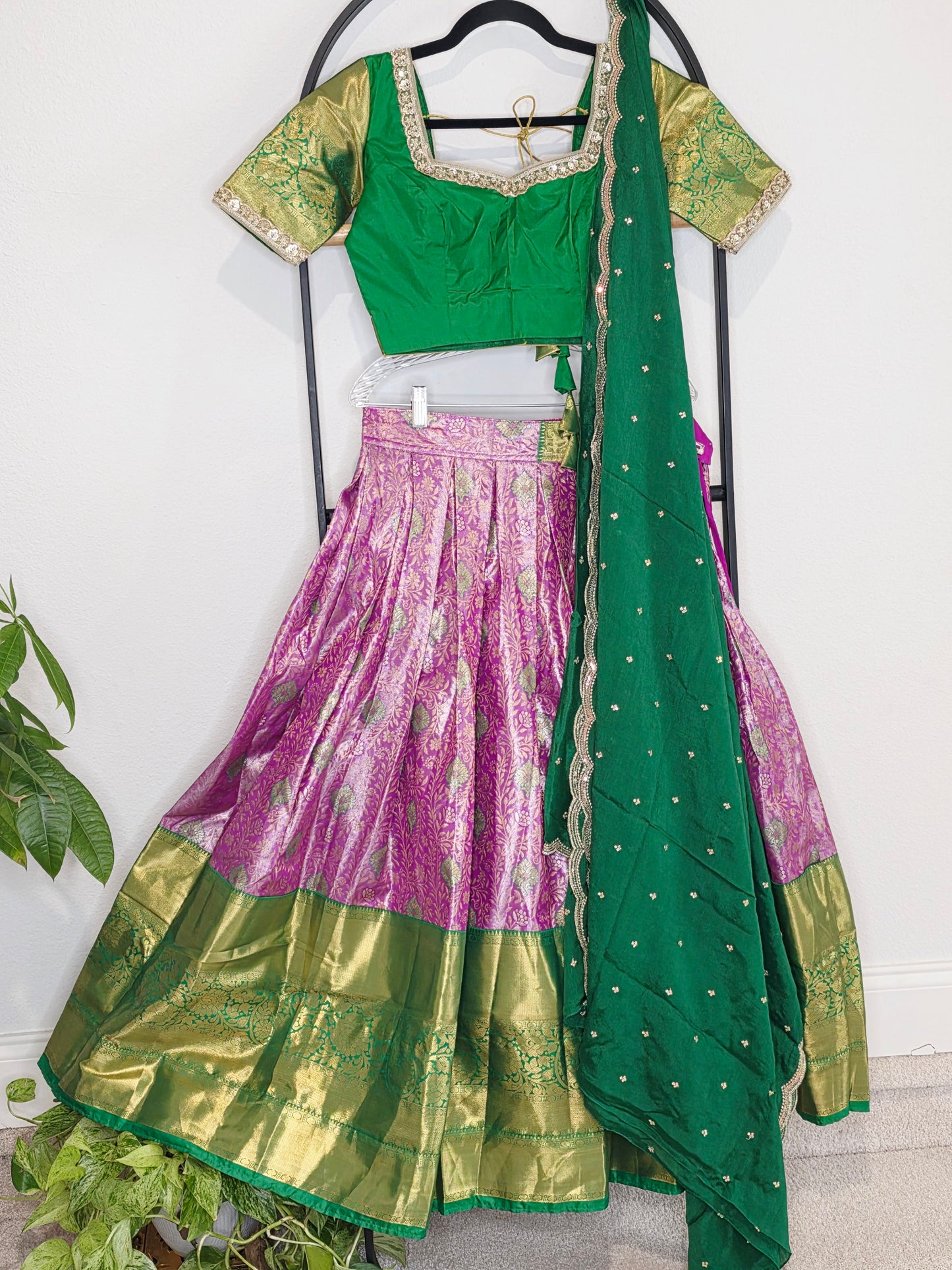 Emerald Royale & Rani Zari Semi Kanchi Silk Half Saree Set Suitable for Ages 11+