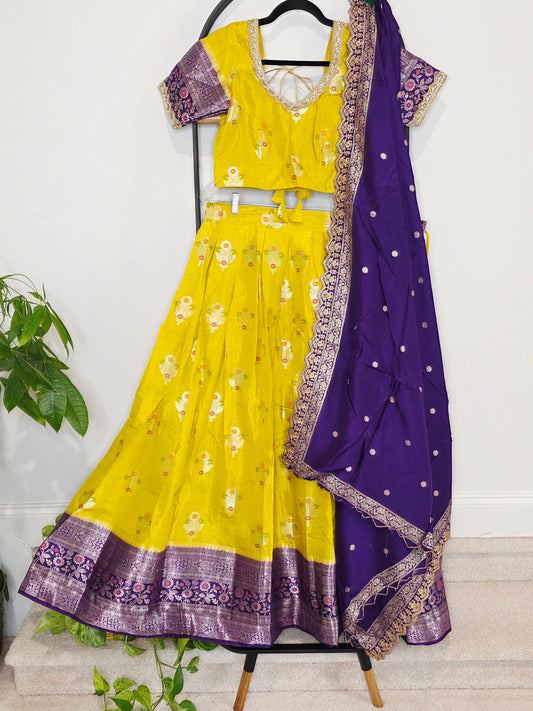 Sunlit Mango Gold & Royal Amethyst Banarasi Lehenga Set