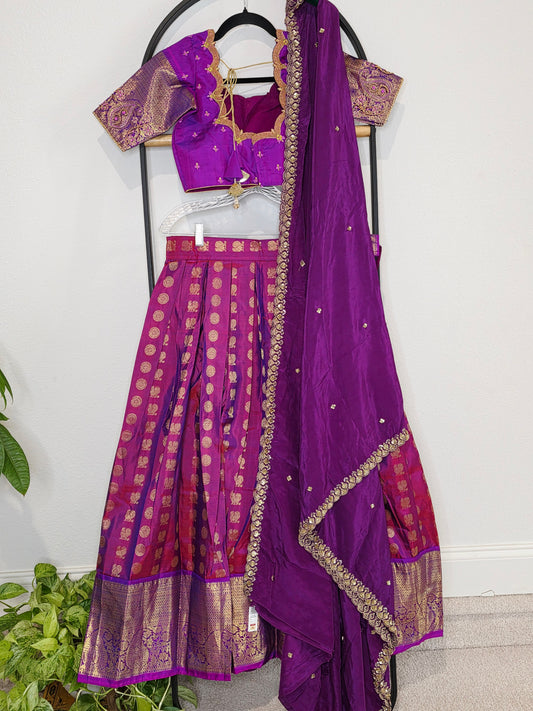 Royal Amethyst Purple Pure Kanchi Silk Half Saree Set Suitable for Ages 11+