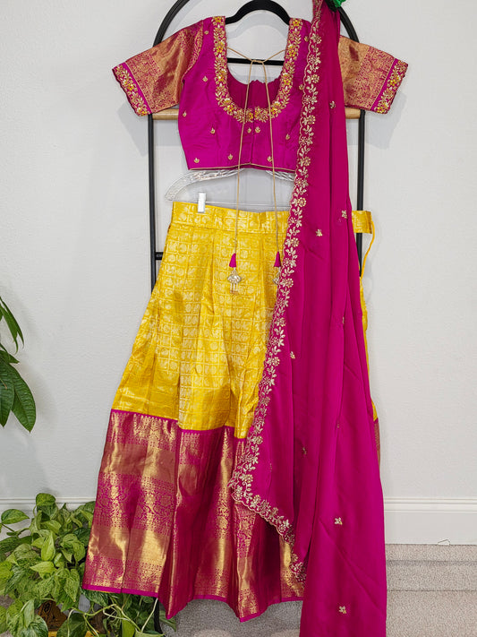 Temple Gold Yellow Pure Kanchi Silk Half Saree with Rani Pink Border