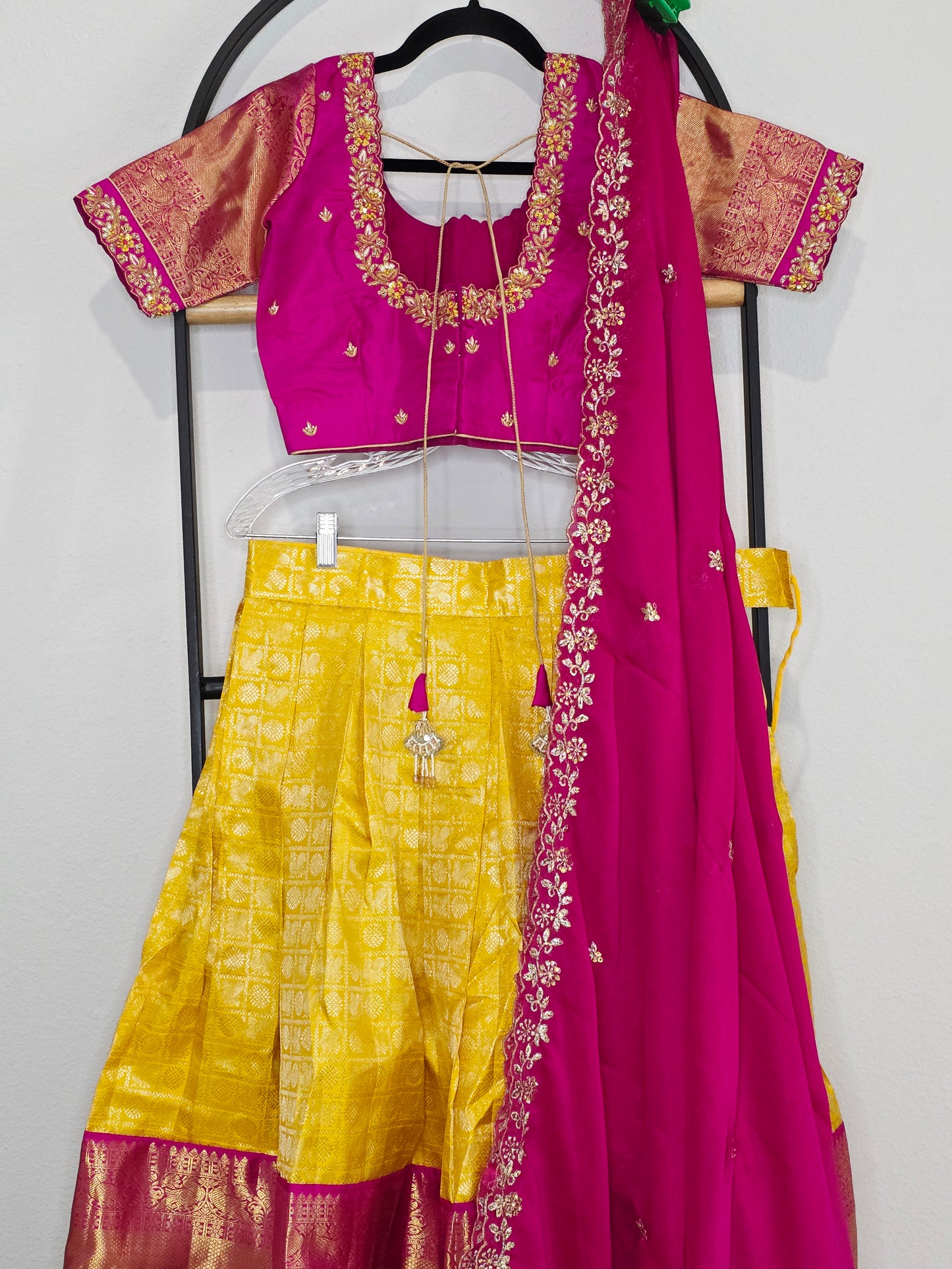 Temple Gold Yellow Pure Kanchi Silk Half Saree with Rani Pink Border