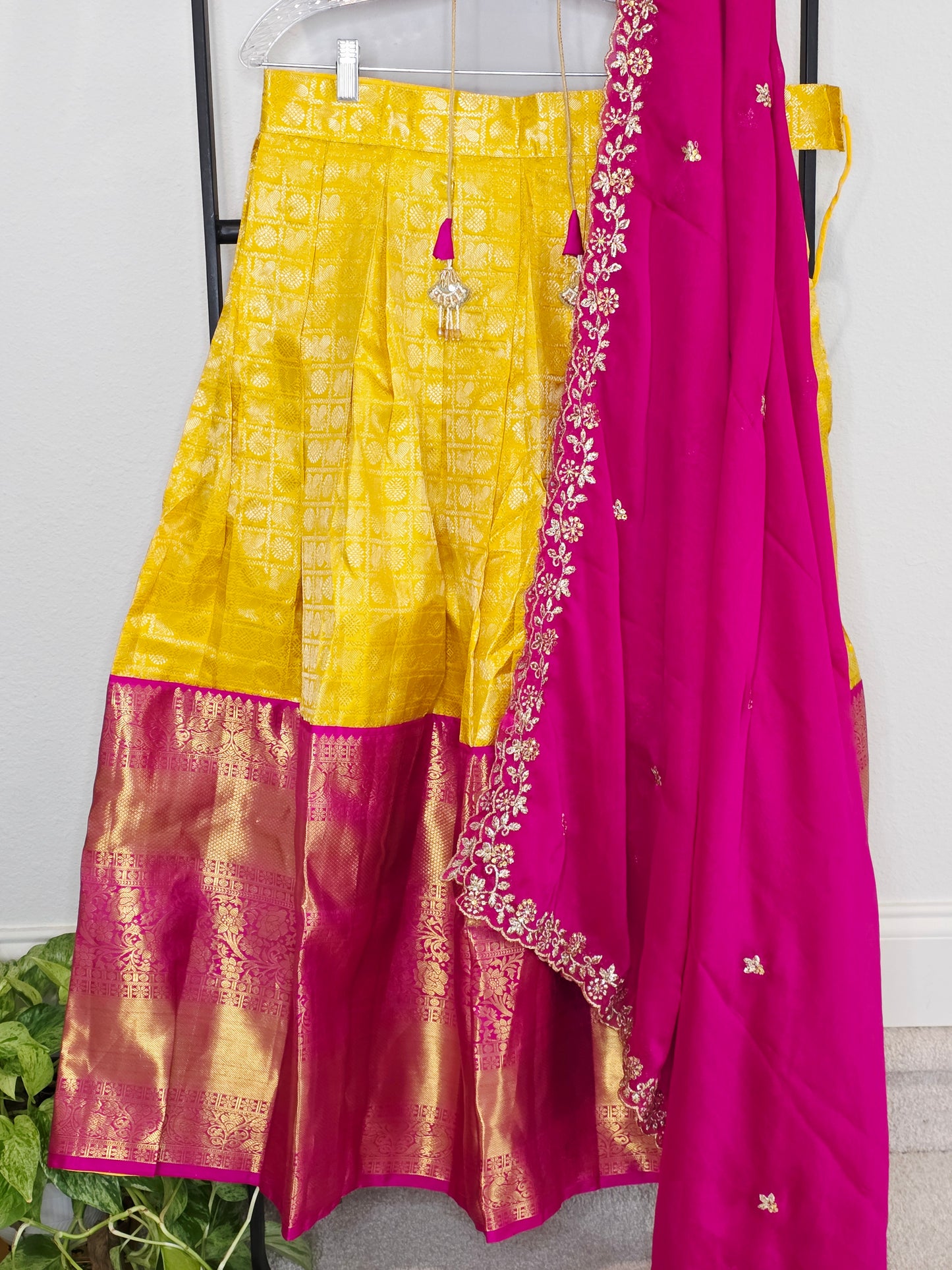 Temple Gold Yellow Pure Kanchi Silk Half Saree with Rani Pink Border