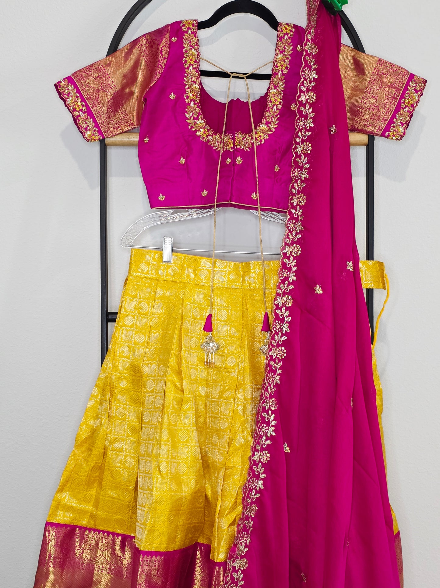 Temple Gold Yellow Pure Kanchi Silk Half Saree with Rani Pink Border