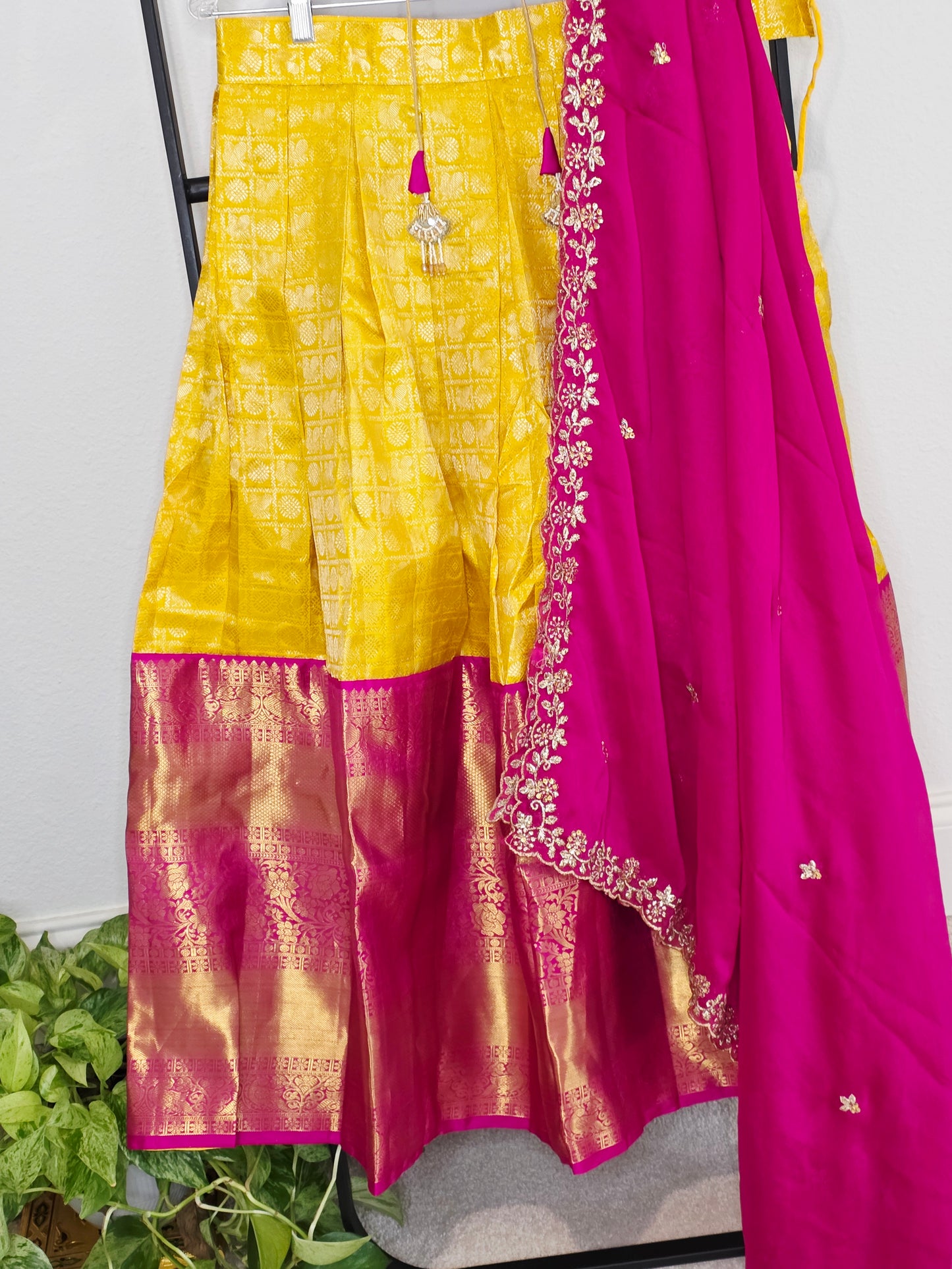 Temple Gold Yellow Pure Kanchi Silk Half Saree with Rani Pink Border