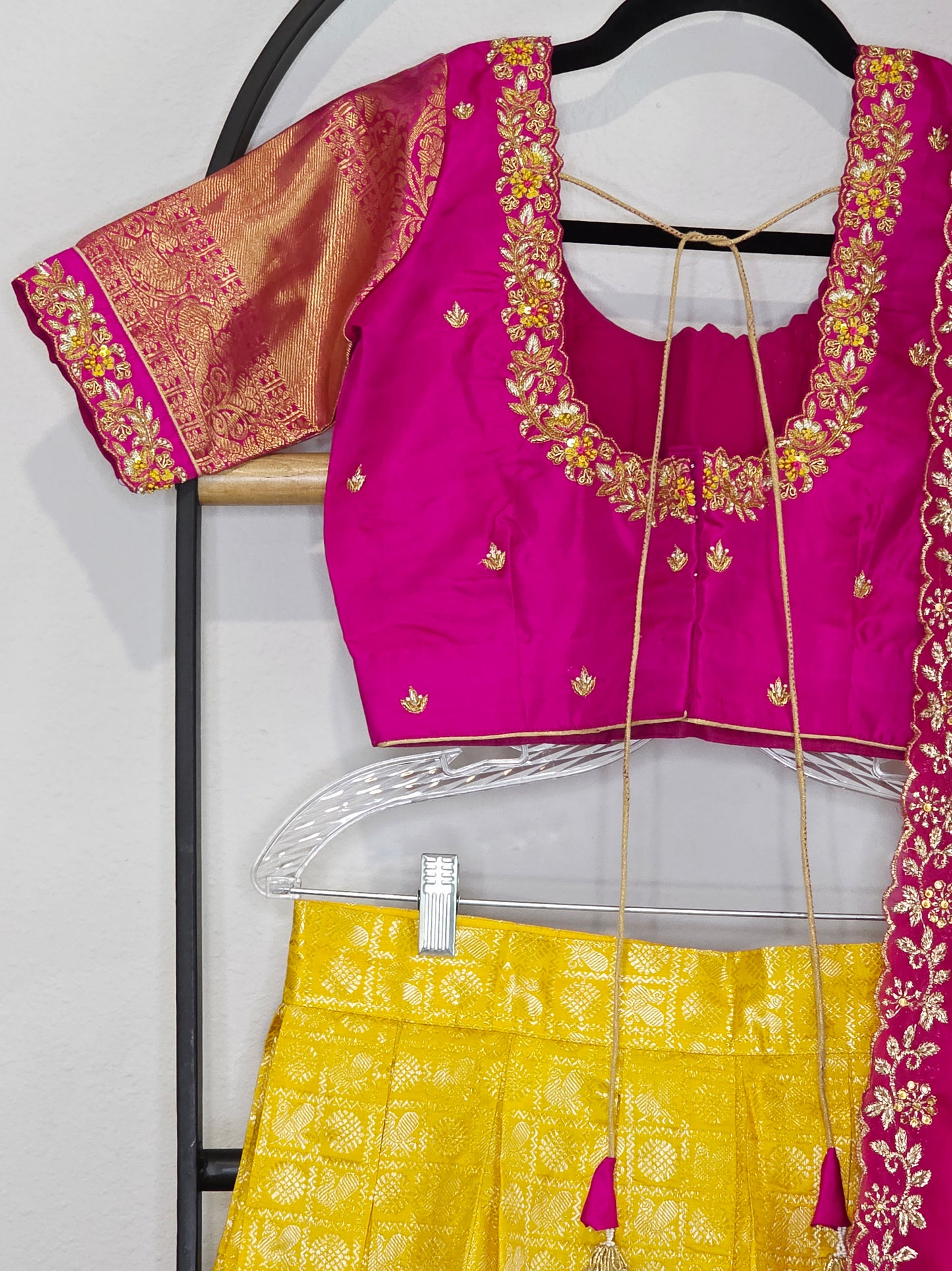 Temple Gold Yellow Pure Kanchi Silk Half Saree with Rani Pink Border