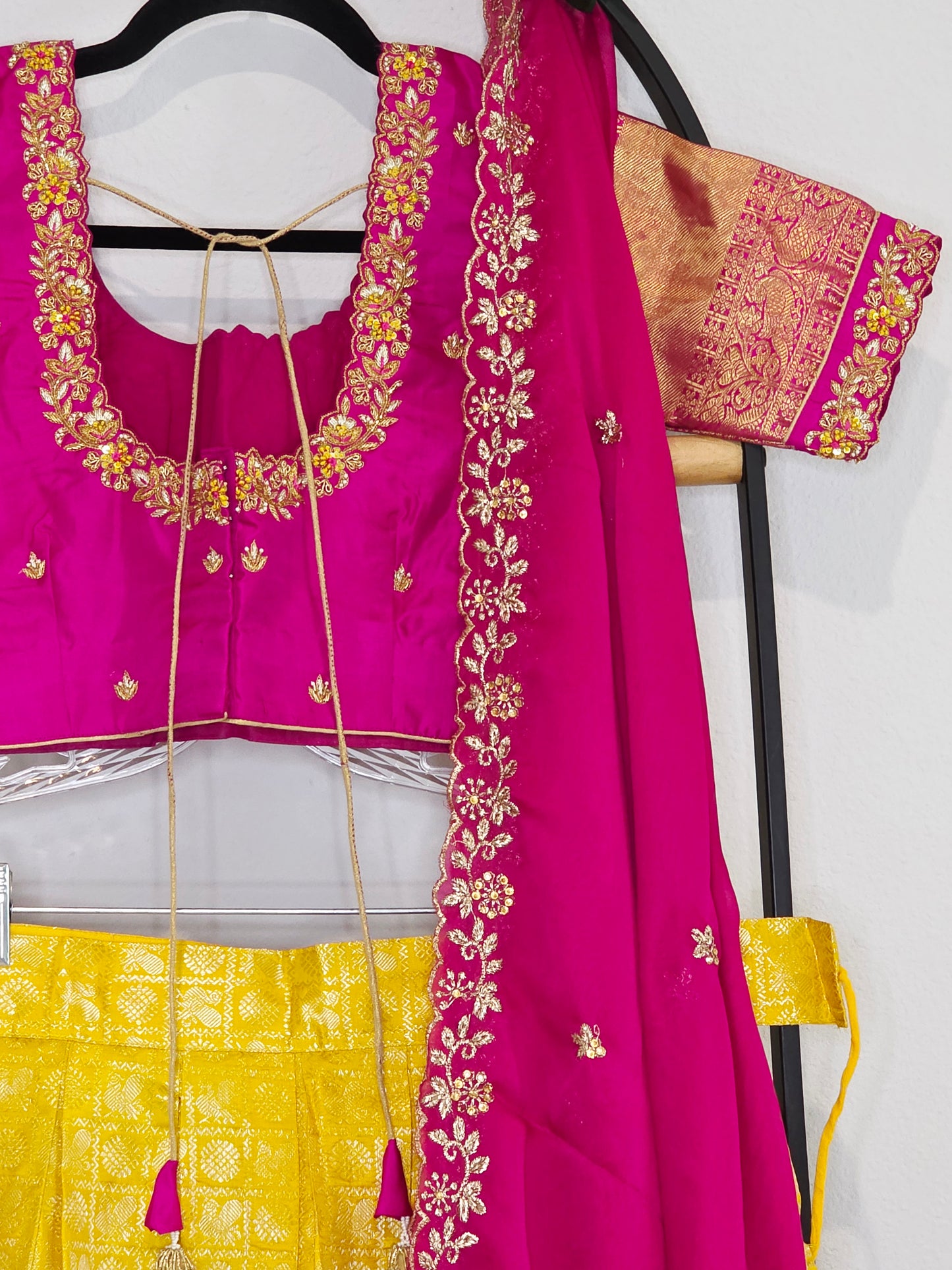 Temple Gold Yellow Pure Kanchi Silk Half Saree with Rani Pink Border