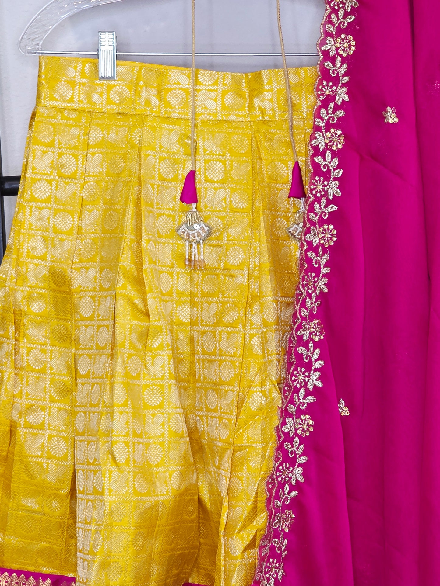 Temple Gold Yellow Pure Kanchi Silk Half Saree with Rani Pink Border