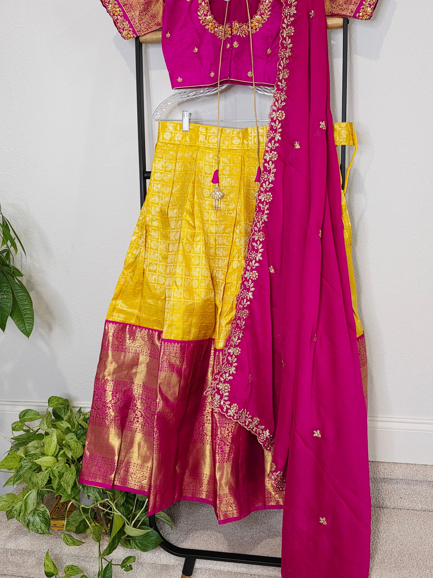 Temple Gold Yellow Pure Kanchi Silk Half Saree with Rani Pink Border