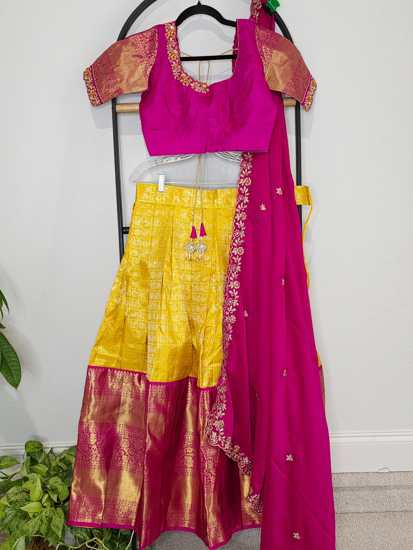 Temple Gold Yellow Pure Kanchi Silk Half Saree with Rani Pink Border