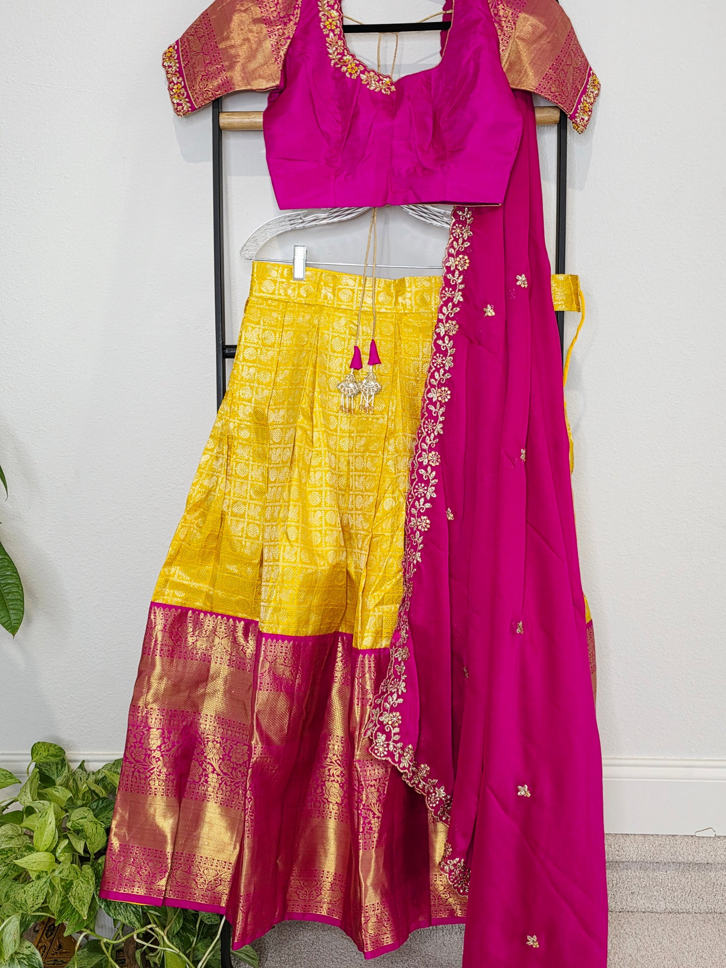Temple Gold Yellow Pure Kanchi Silk Half Saree with Rani Pink Border