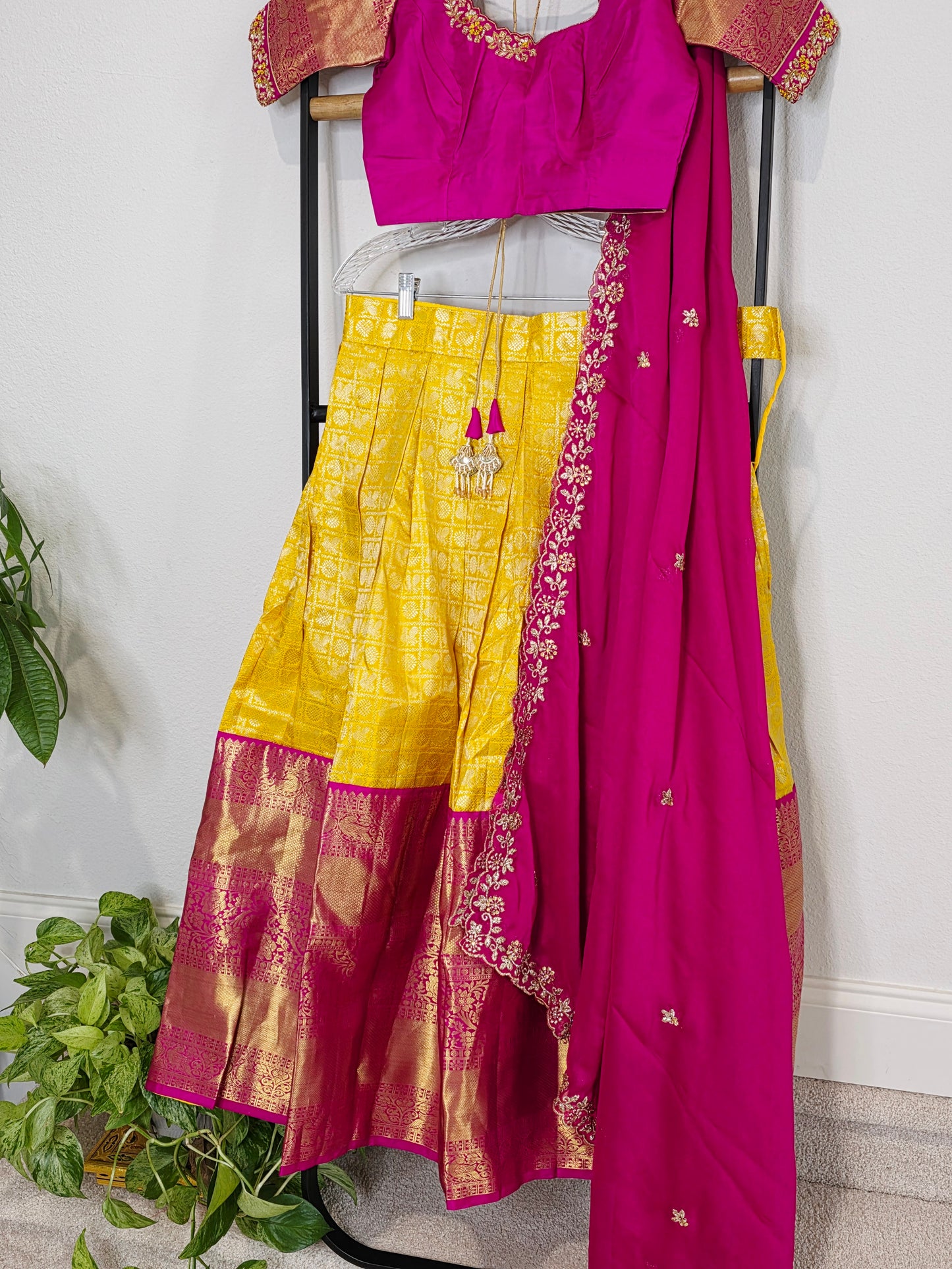 Temple Gold Yellow Pure Kanchi Silk Half Saree with Rani Pink Border