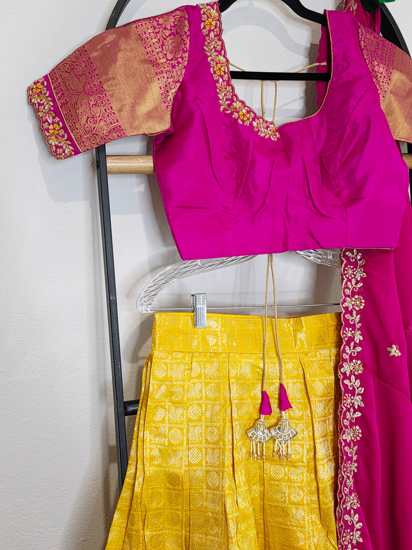 Temple Gold Yellow Pure Kanchi Silk Half Saree with Rani Pink Border