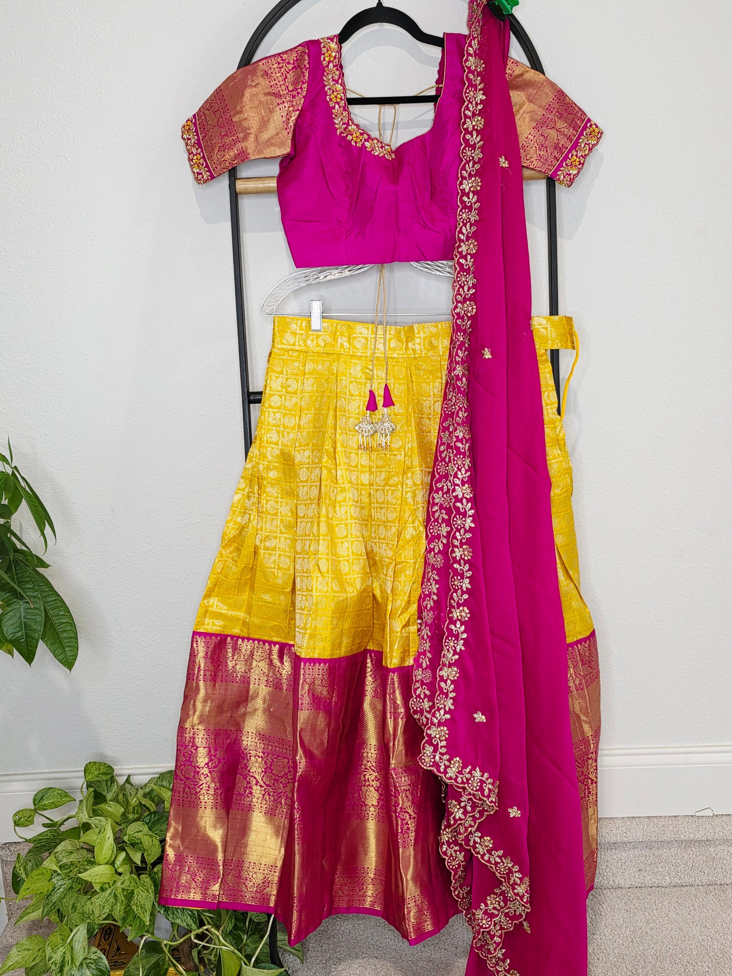 Temple Gold Yellow Pure Kanchi Silk Half Saree with Rani Pink Border