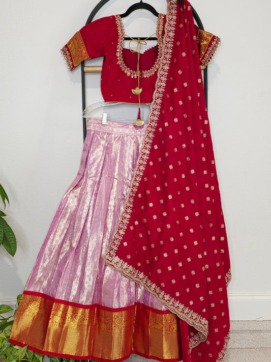 Blush Rose & Ruby Red Pure Kanchi Silk Half Saree Set Suitable for Juniors Age 11+