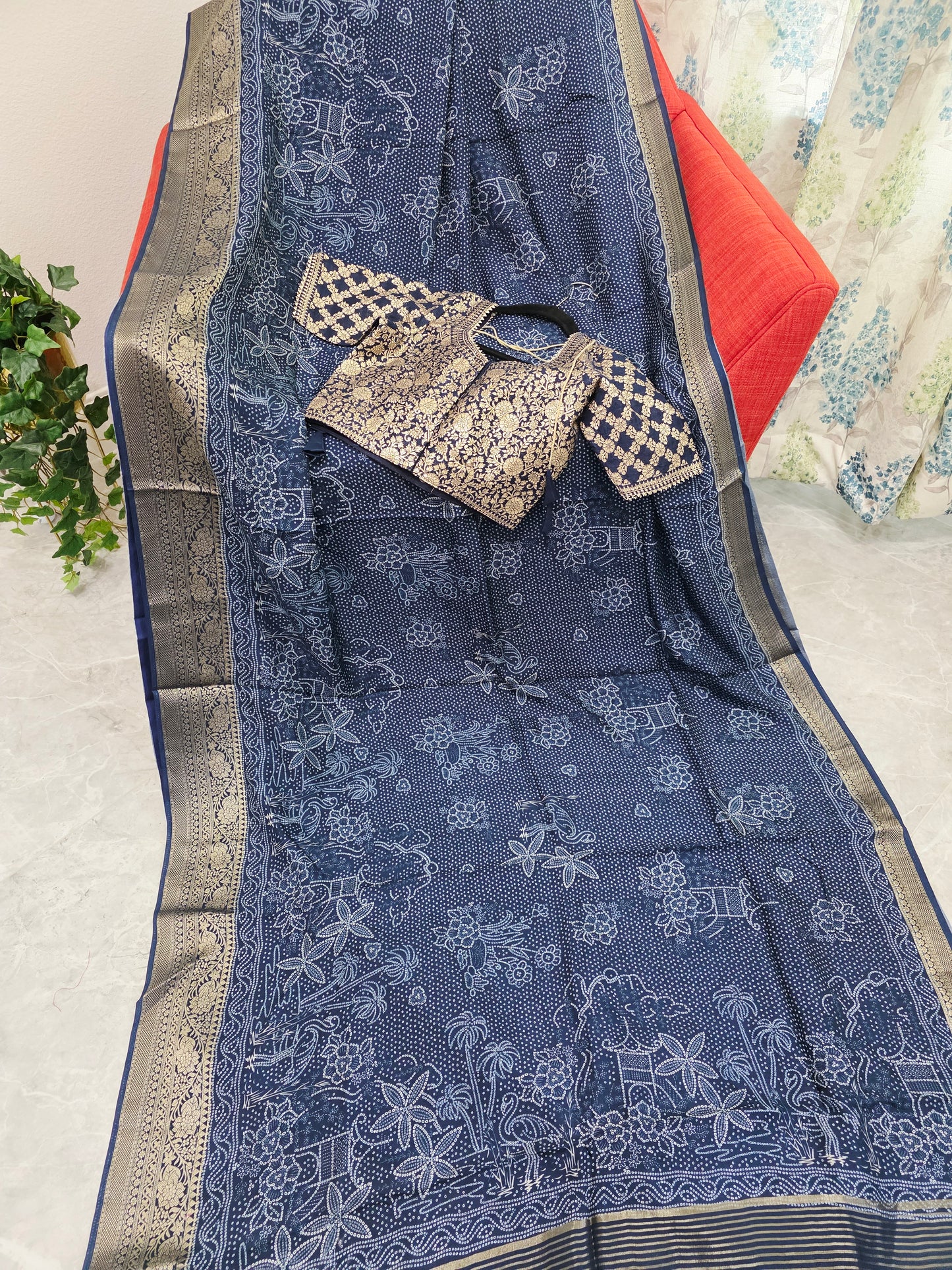 Royal Indigo Bhandini Print Mysore Crepe Silk Saree with Zari Border & Stitched Blouse
