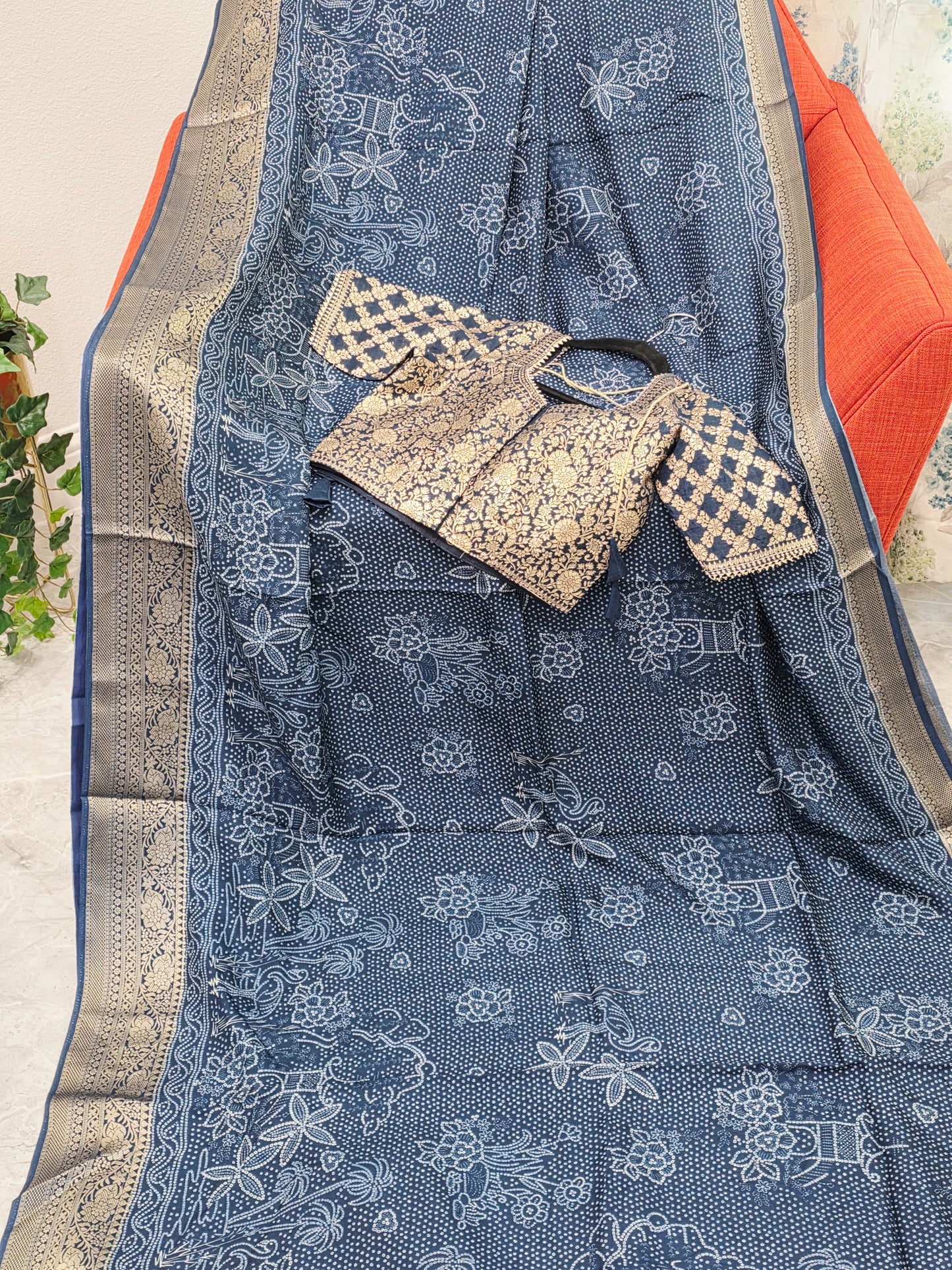 Royal Indigo Bhandini Print Mysore Crepe Silk Saree with Zari Border & Stitched Blouse