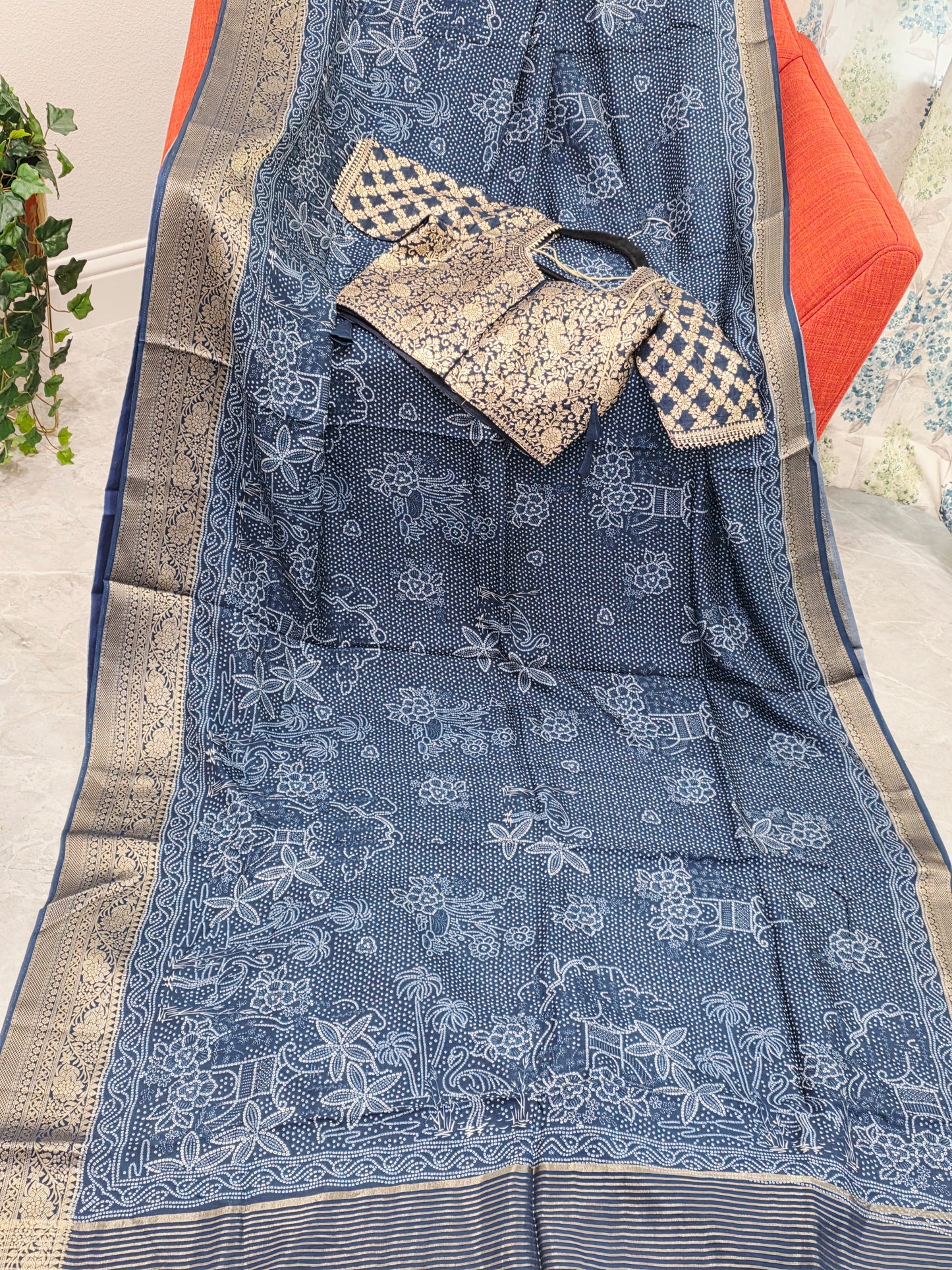 Royal Indigo Bhandini Print Mysore Crepe Silk Saree with Zari Border & Stitched Blouse