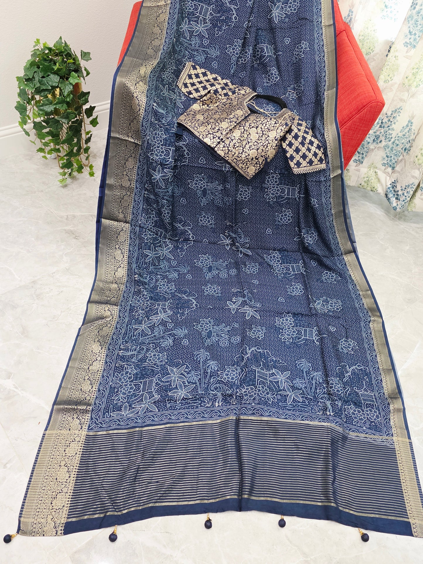 Royal Indigo Bhandini Print Mysore Crepe Silk Saree with Zari Border & Stitched Blouse
